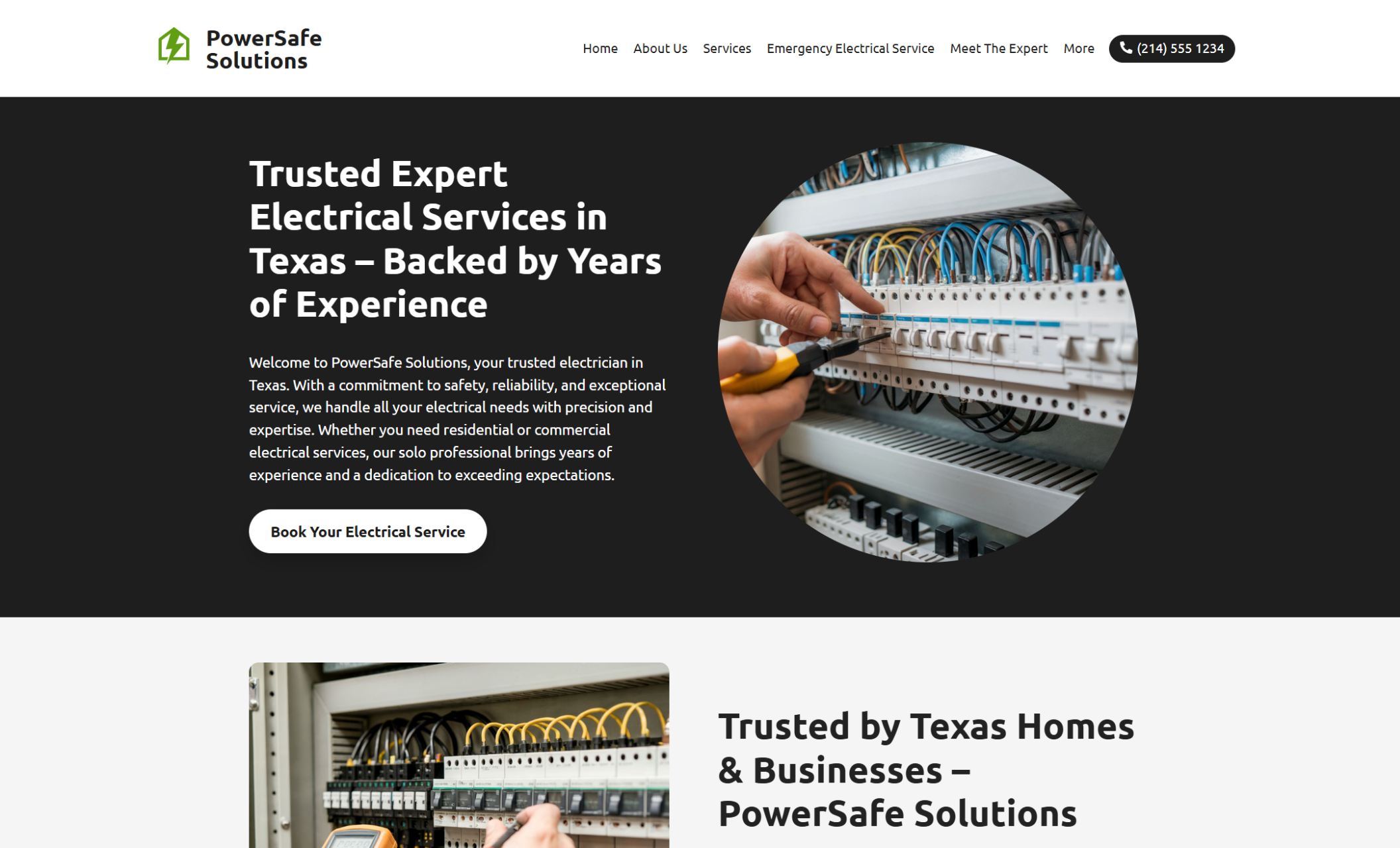 PowerSafe Solutions homepage with a dark header background, the headline “Trusted Expert Electrical Services in Texas – Backed by Years of Experience,” a circular image of hands working on a circuit breaker, and a white button that says “Book Your Electrical Service.”
