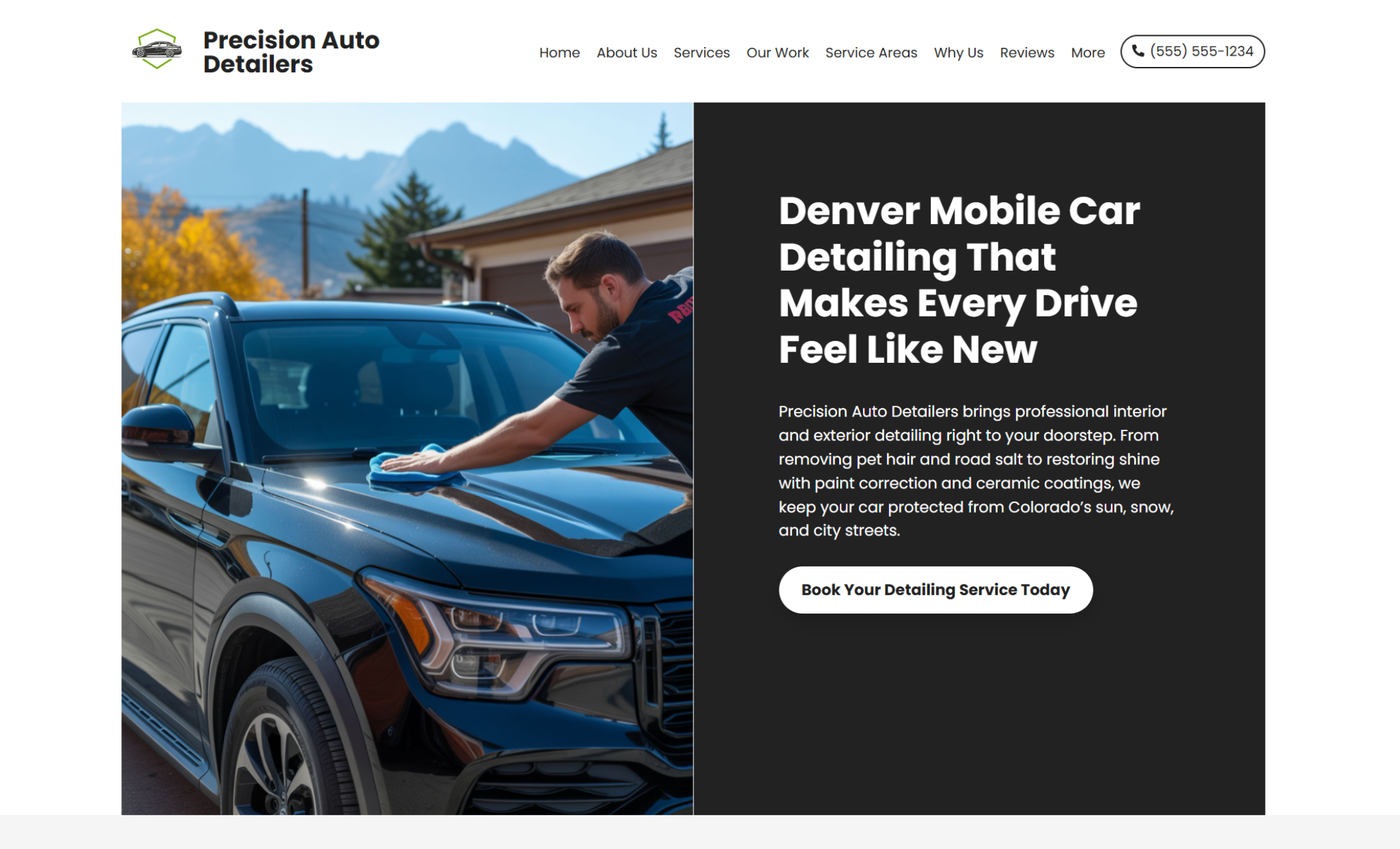 Precision Auto Detailers homepage hero section featuring a man polishing a black SUV with mountains in the background, next to the headline “Denver Mobile Car Detailing That Makes Every Drive Feel Like New” and a white booking button