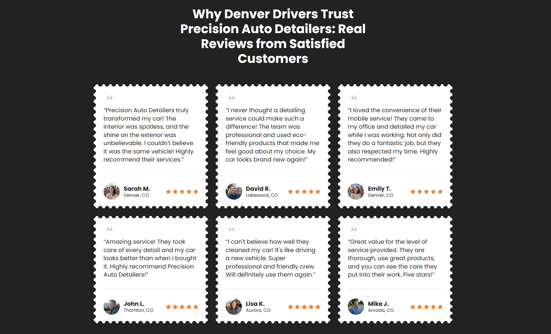 Precision Auto Detailers reviews section showing six customer testimonials in stamp-style boxes with names, locations, star ratings, and quotes praising the Denver-based detailing service