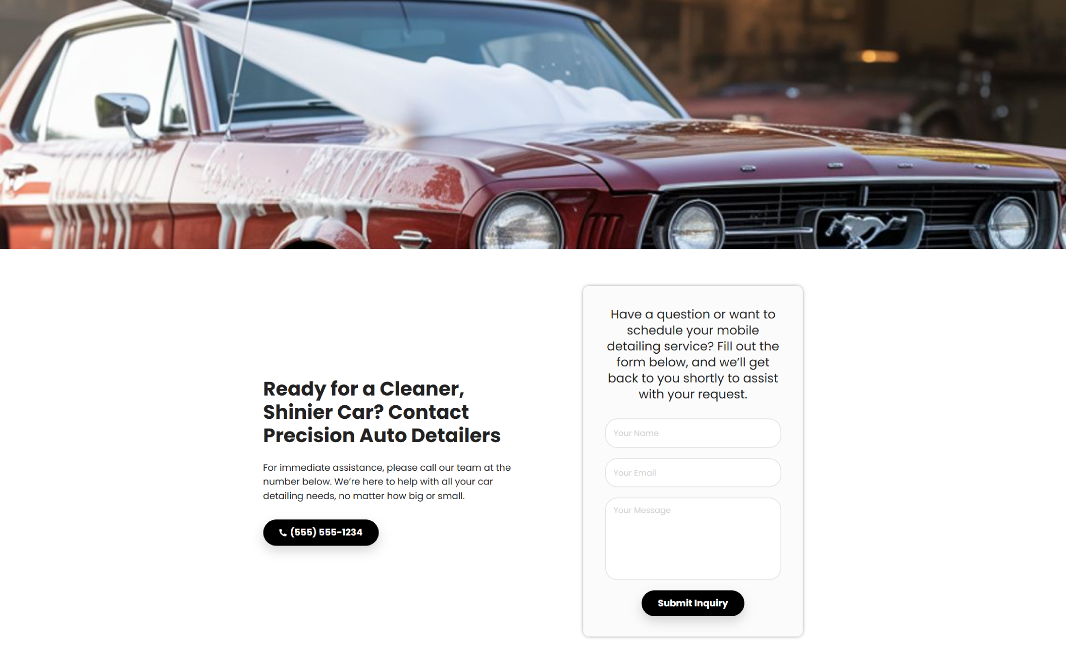 Precision Auto Detailers contact section featuring a classic red Ford Mustang being washed with soap suds, beside a headline that reads “Ready for a Cleaner, Shinier Car? Contact Precision Auto Detailers” and a form to submit an inquiry