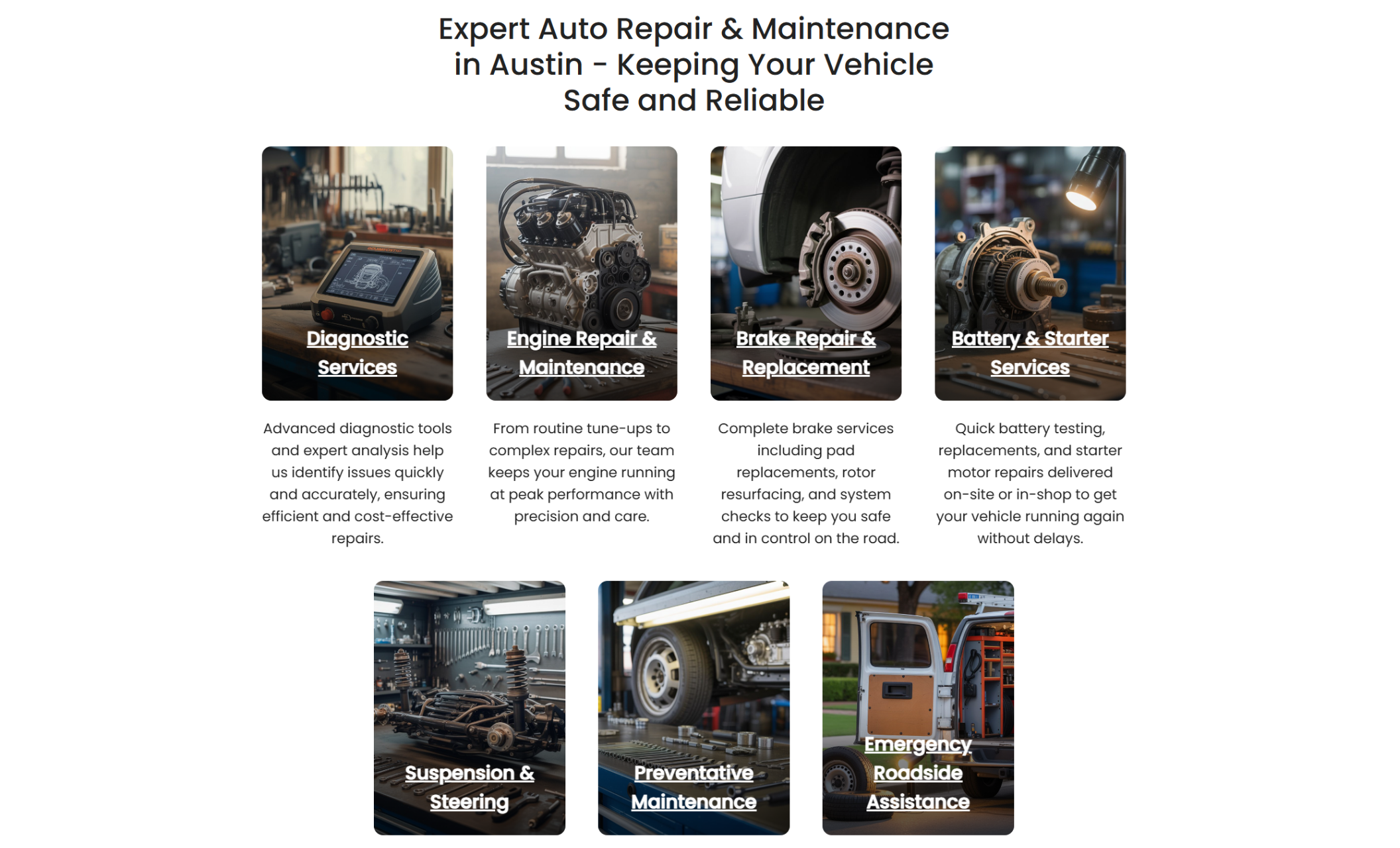 Precision Auto Works services section with seven photo-based service cards—Diagnostic Services, Engine Repair & Maintenance, Brake Repair & Replacement, Battery & Starter Services, Suspension & Steering, Preventative Maintenance, and Emergency Roadside Assistance—each with a short description beneath