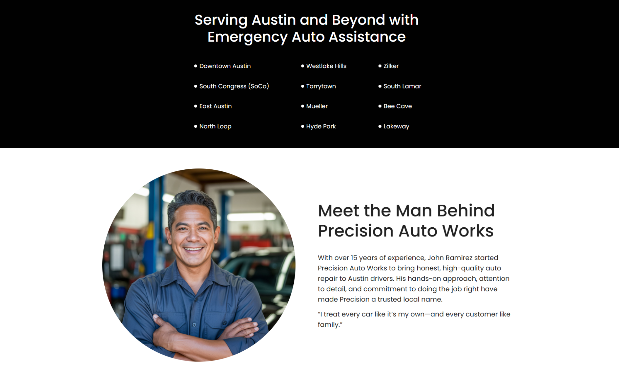 Precision Auto Works about section featuring a smiling mechanic in a grey work shirt standing in a repair shop, alongside the headline “Meet the Man Behind Precision Auto Works” and a bio describing founder John Ramirez’s experience and philosophy