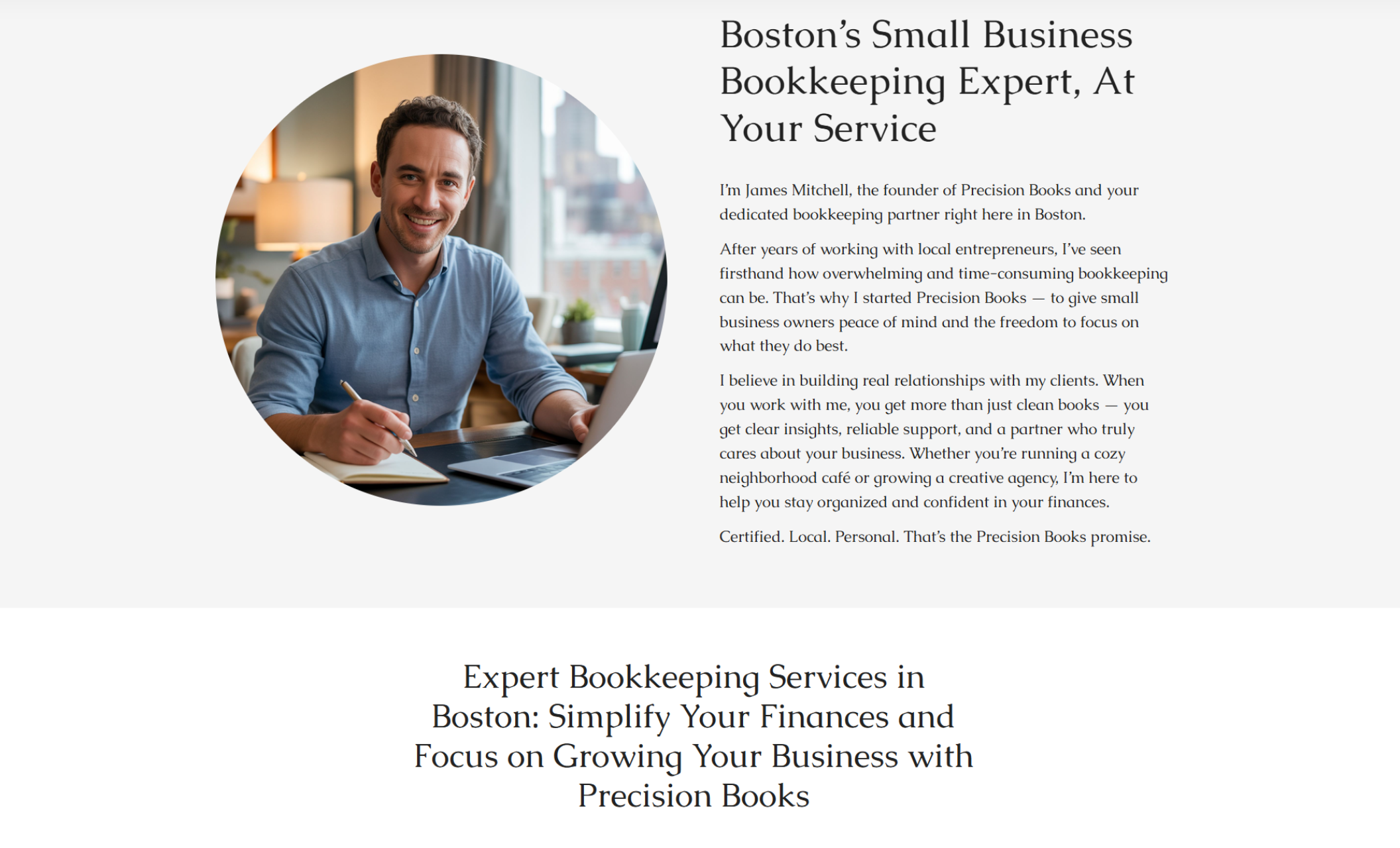 Section featuring James Mitchell smiling at a desk with a notepad and laptop, alongside a headline that reads “Boston’s Small Business Bookkeeping Expert, At Your Service” and a personal introduction