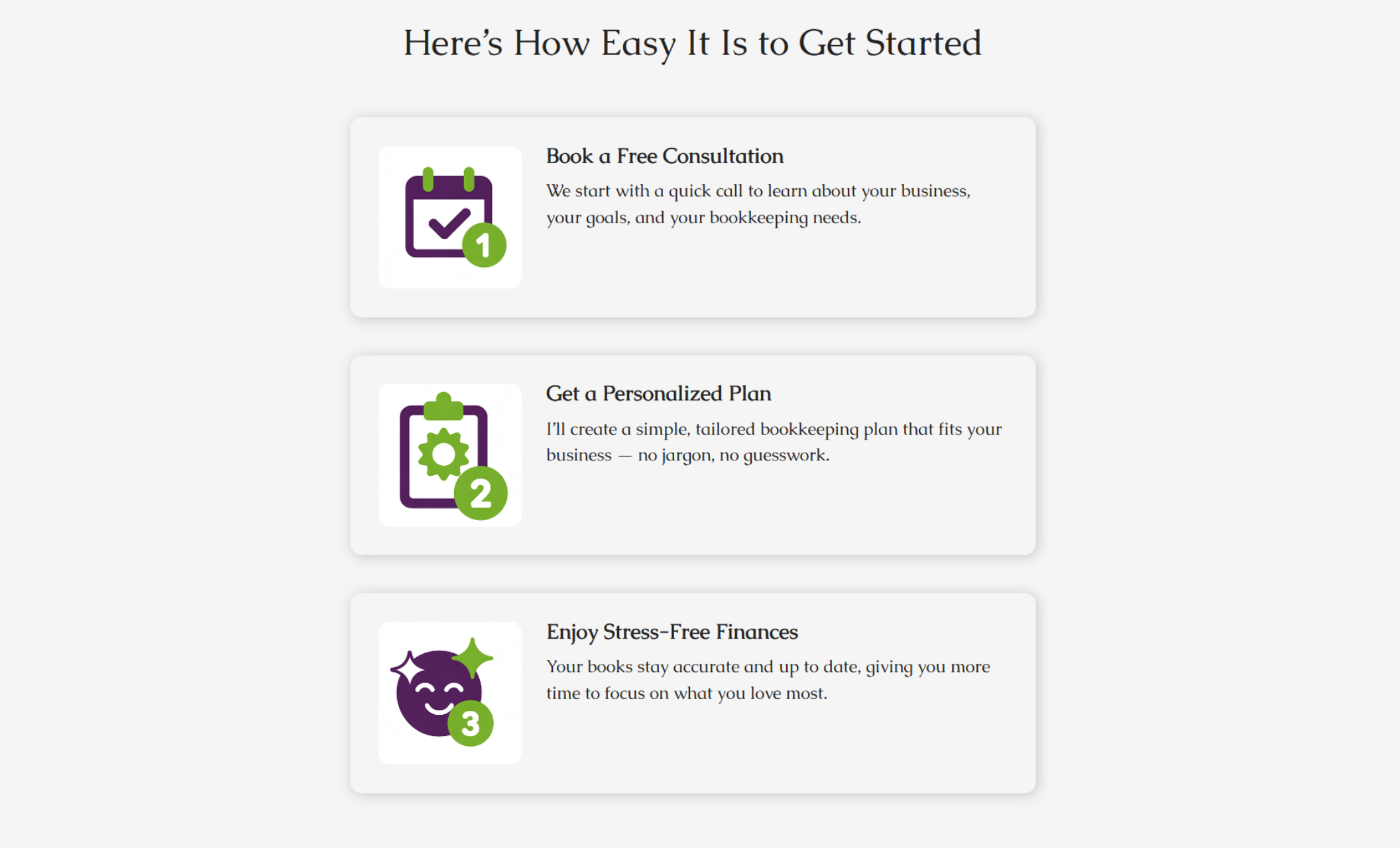 Illustration of a three-step process showing icons and descriptions for booking a free consultation, getting a personalized bookkeeping plan, and enjoying stress-free finances, under the headline “Here’s How Easy It Is to Get Started.”