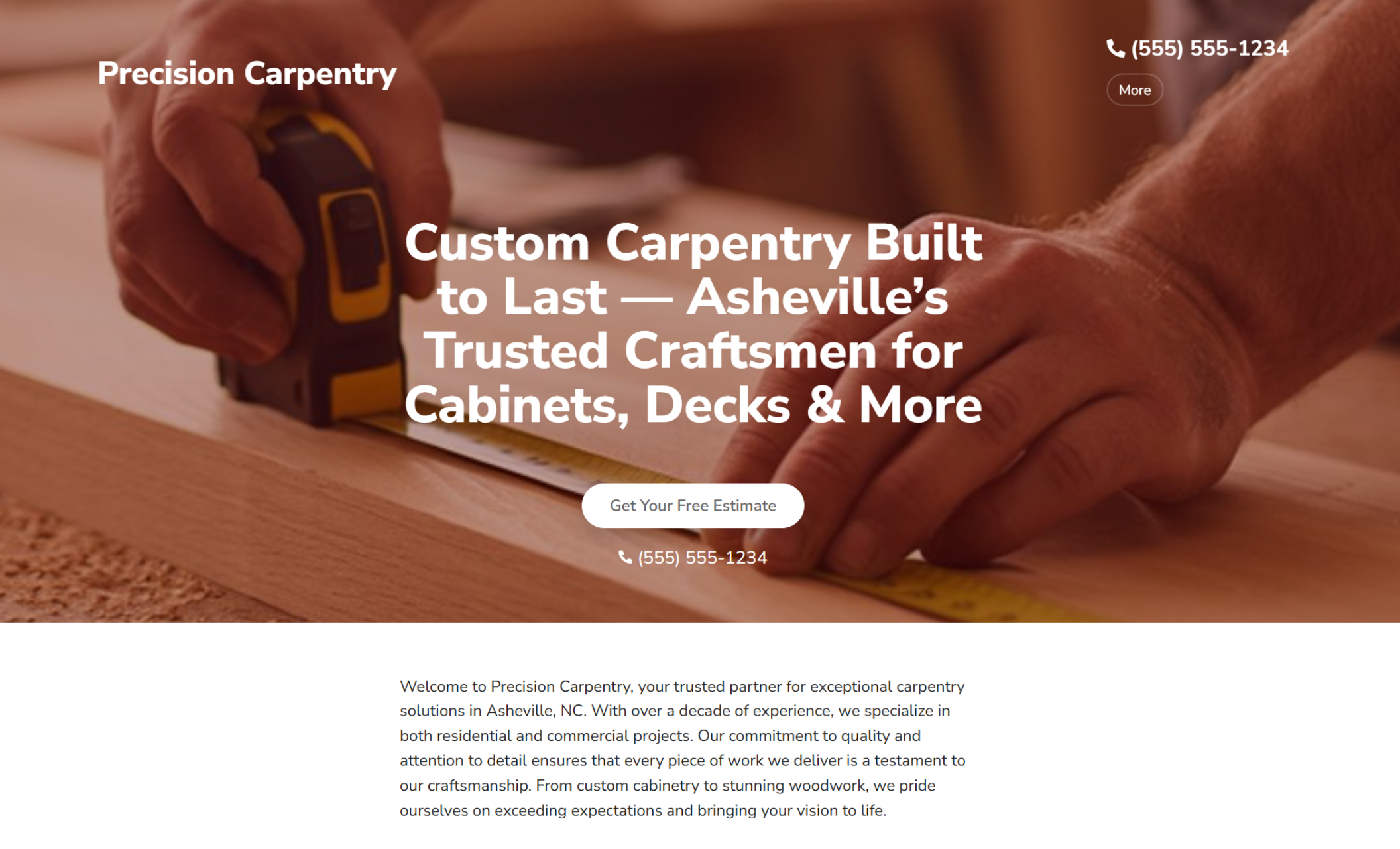 Precision Carpentry homepage featuring a close-up of a carpenter measuring wood with a tape measure beside the headline “Custom Carpentry Built to Last — Asheville’s Trusted Craftsmen for Cabinets, Decks & More” and a white button that says “Get Your Free Estimate.”