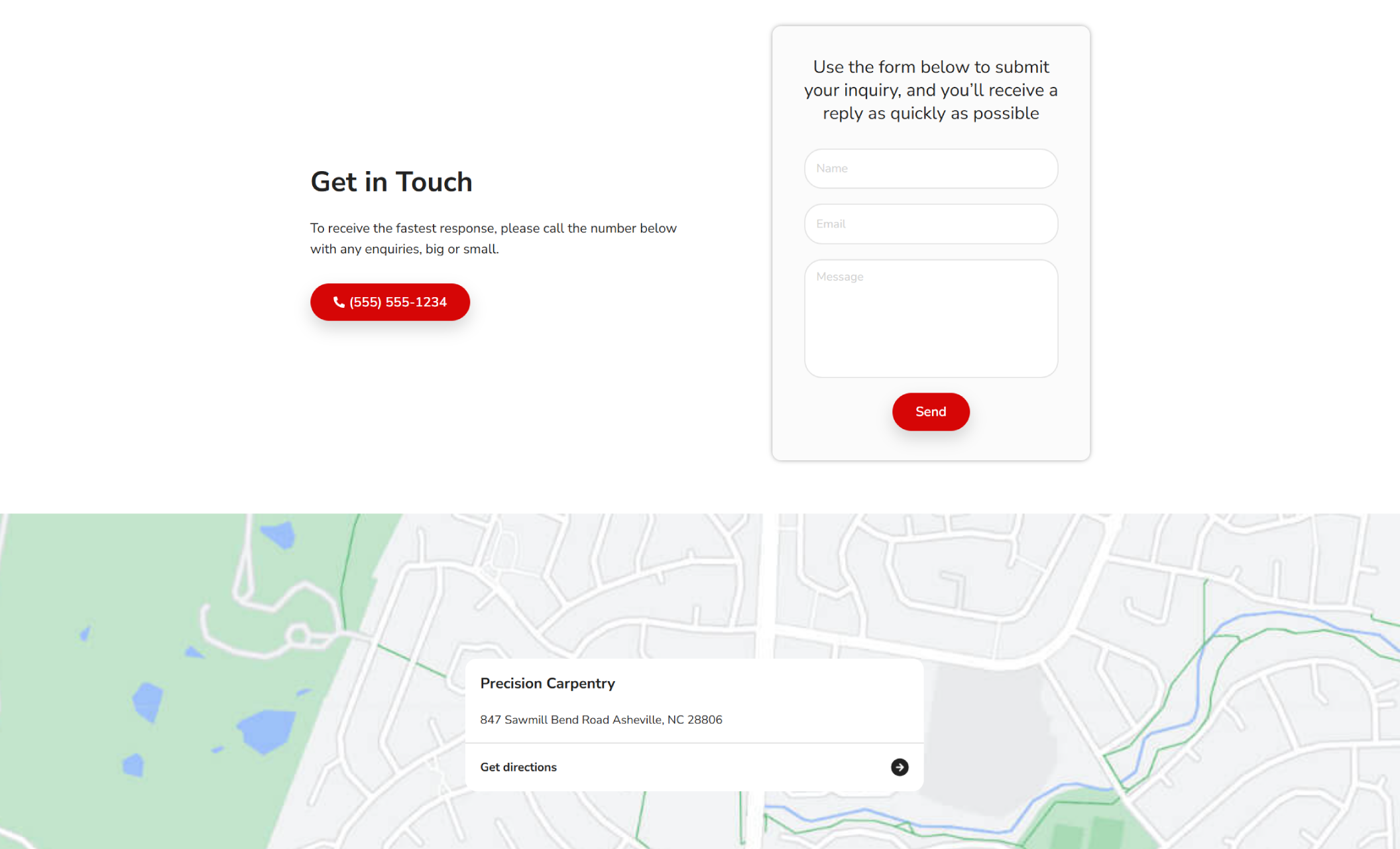 Precision Carpentry contact page featuring a bold red call button, a simple white contact form with fields for name, email, and message, and a Google map displaying the business location at 847 Sawmill Bend Road Asheville, NC