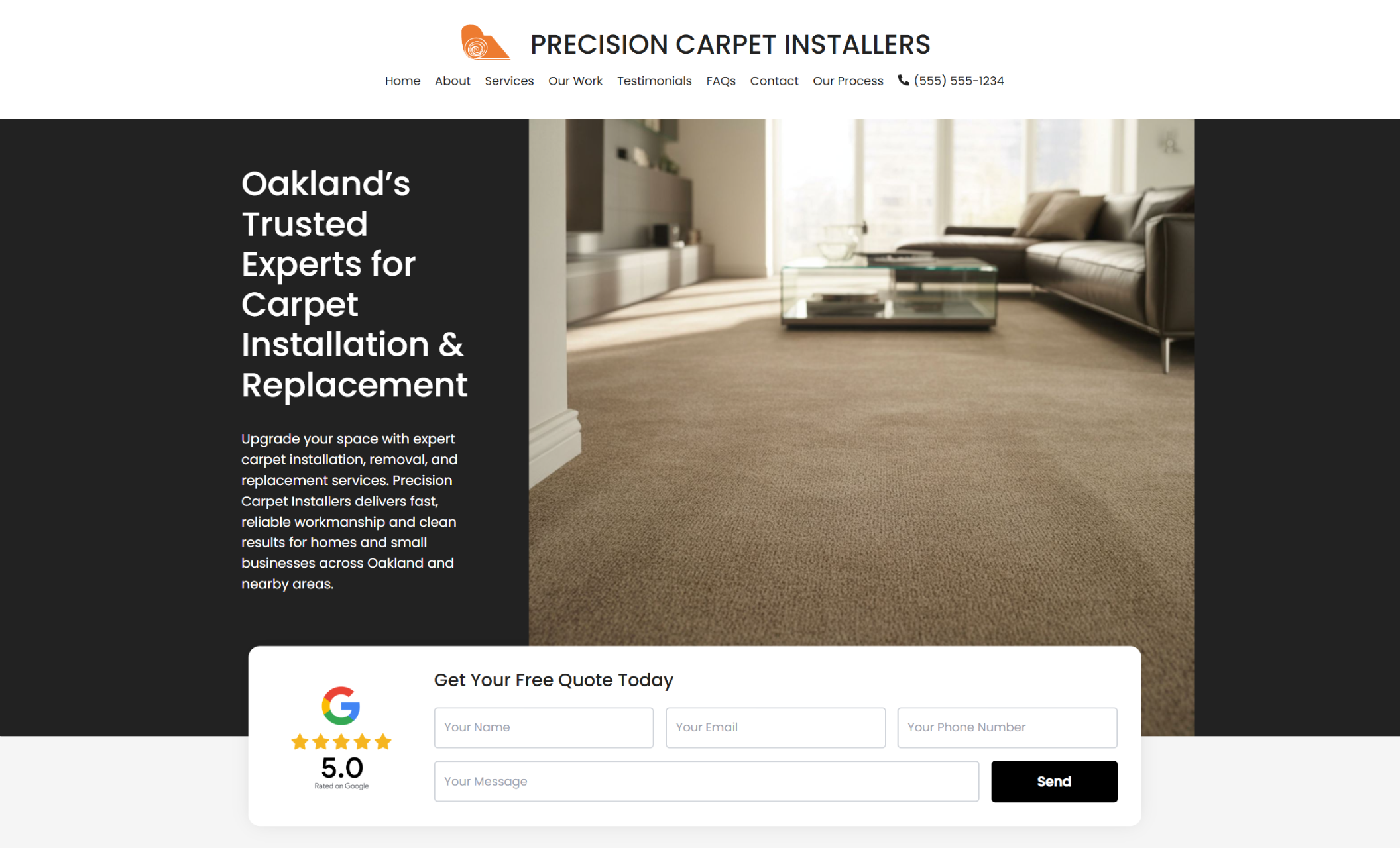 Precision Carpet Installers homepage showing a modern living room with beige carpet beside the headline “Oakland’s Trusted Experts for Carpet Installation & Replacement” and a quote request form with a 5.0 Google rating