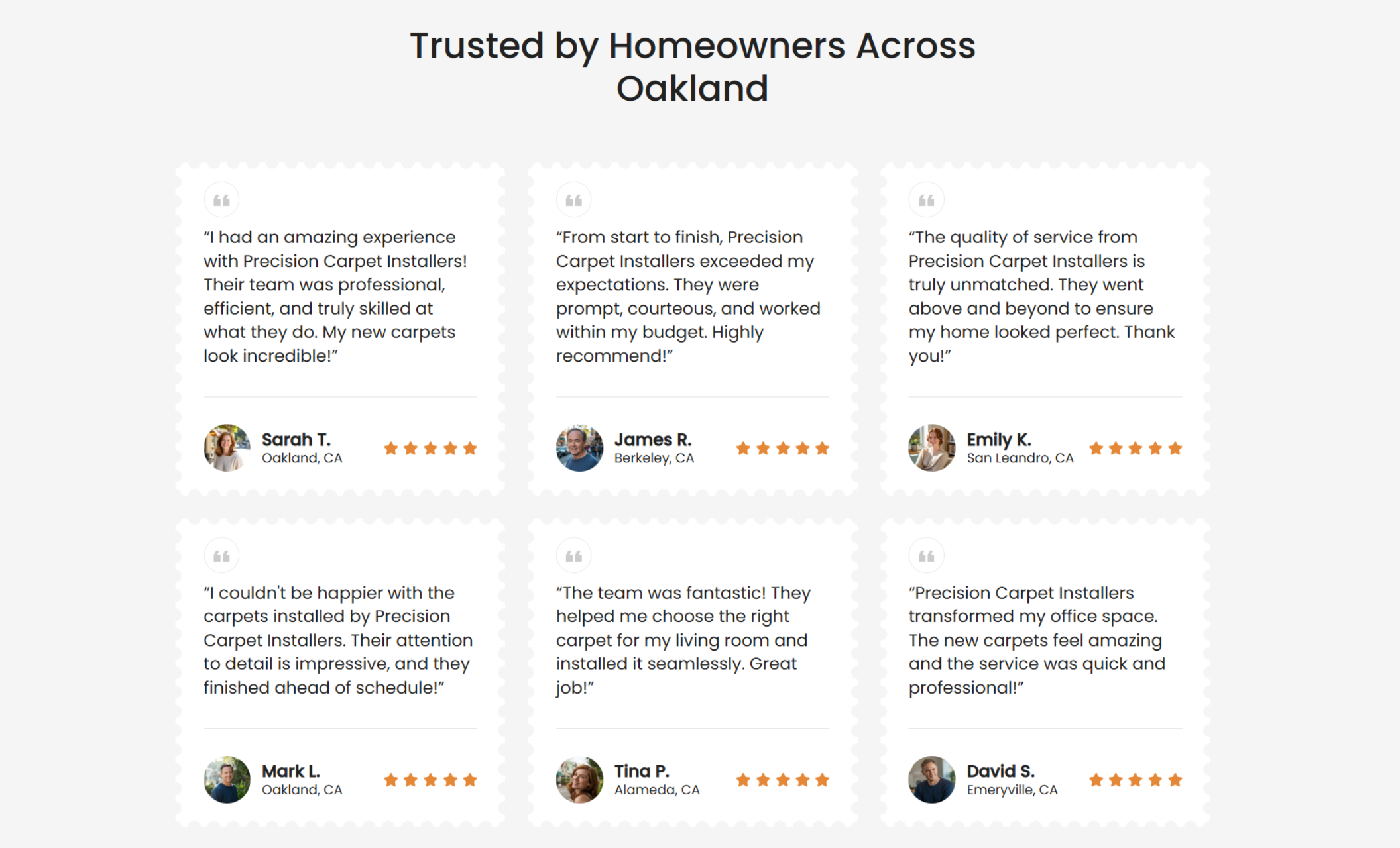 Precision Carpet Installers testimonials section displaying six customer reviews with five-star ratings under the heading “Trusted by Homeowners Across Oakland,” including names and locations of satisfied clients
