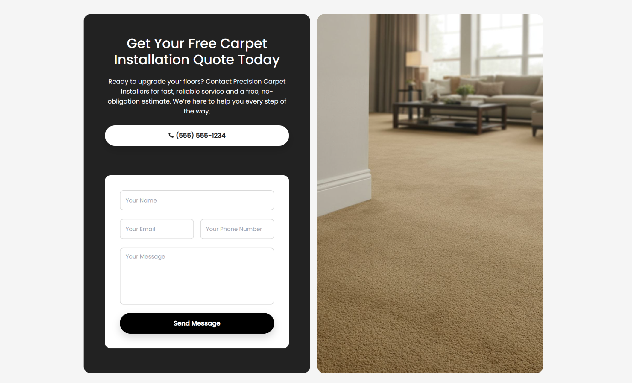 Precision Carpet Installers contact section featuring a dark panel with the headline “Get Your Free Carpet Installation Quote Today,” a phone number button, contact form, and a bright carpeted living room image