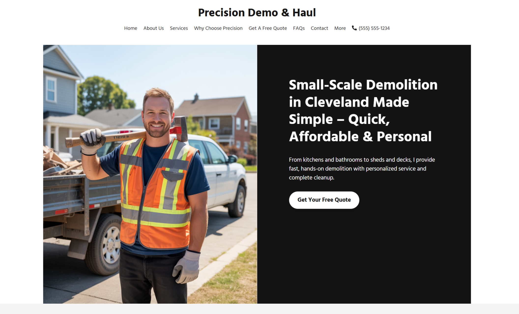 Precision Demo & Haul homepage featuring a smiling man in a safety vest holding a sledgehammer over his shoulder beside the headline “Small-Scale Demolition in Cleveland Made Simple – Quick, Affordable & Personal” and a white button labeled “Get Your Free Quote.”