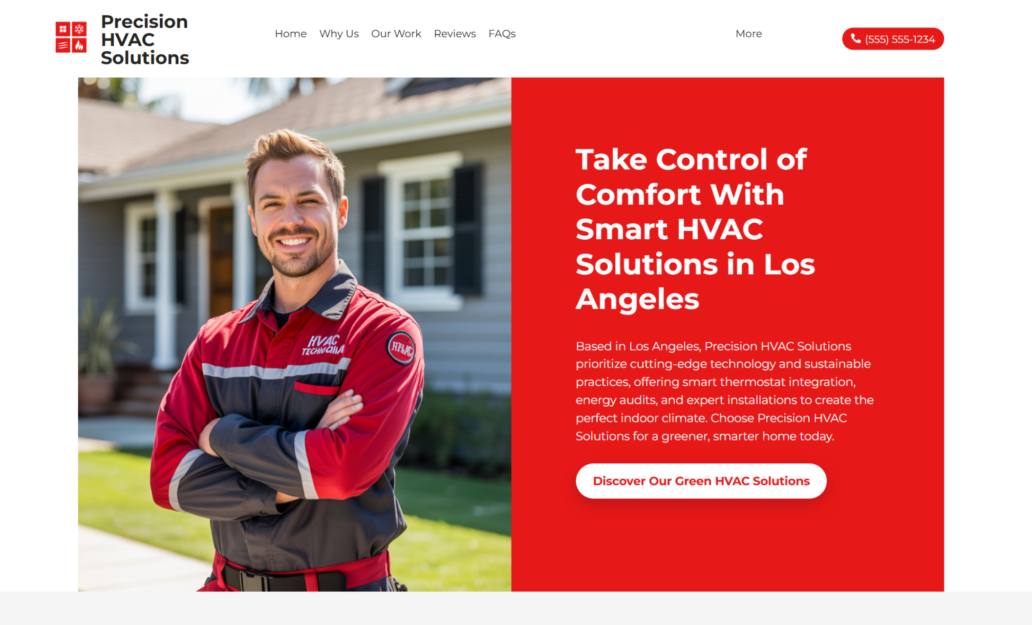 Precision HVAC Solutions homepage featuring a confident HVAC technician in a red uniform beside a bold red panel with the headline “Take Control of Comfort With Smart HVAC Solutions in Los Angeles” and a call-to-action button reading “Discover Our Green HVAC Solutions.”