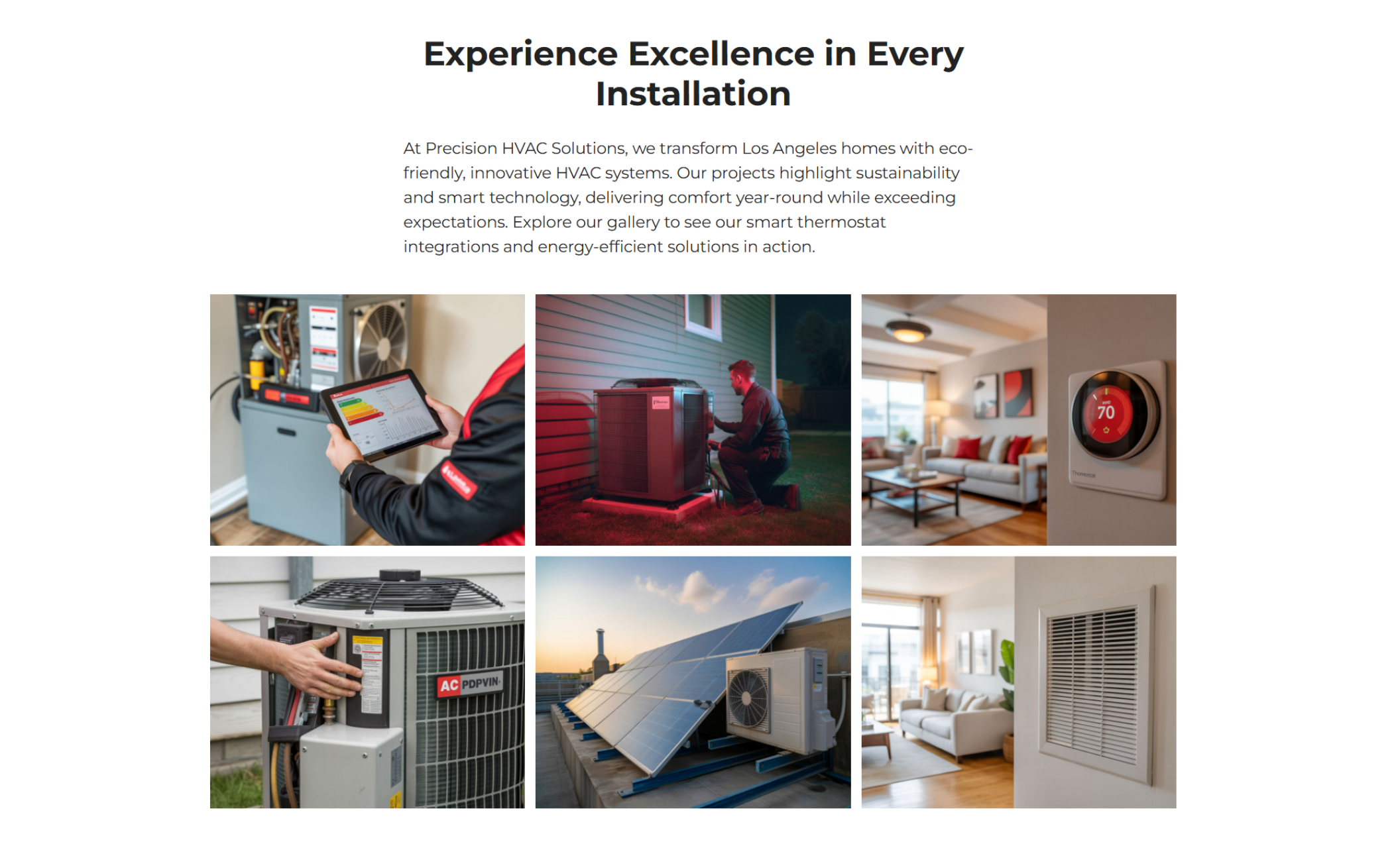 Precision HVAC Solutions gallery page showing a grid of six photos including technicians at work, modern AC units, a smart thermostat, and solar-powered systems with the headline “Experience Excellence in Every Installation.”