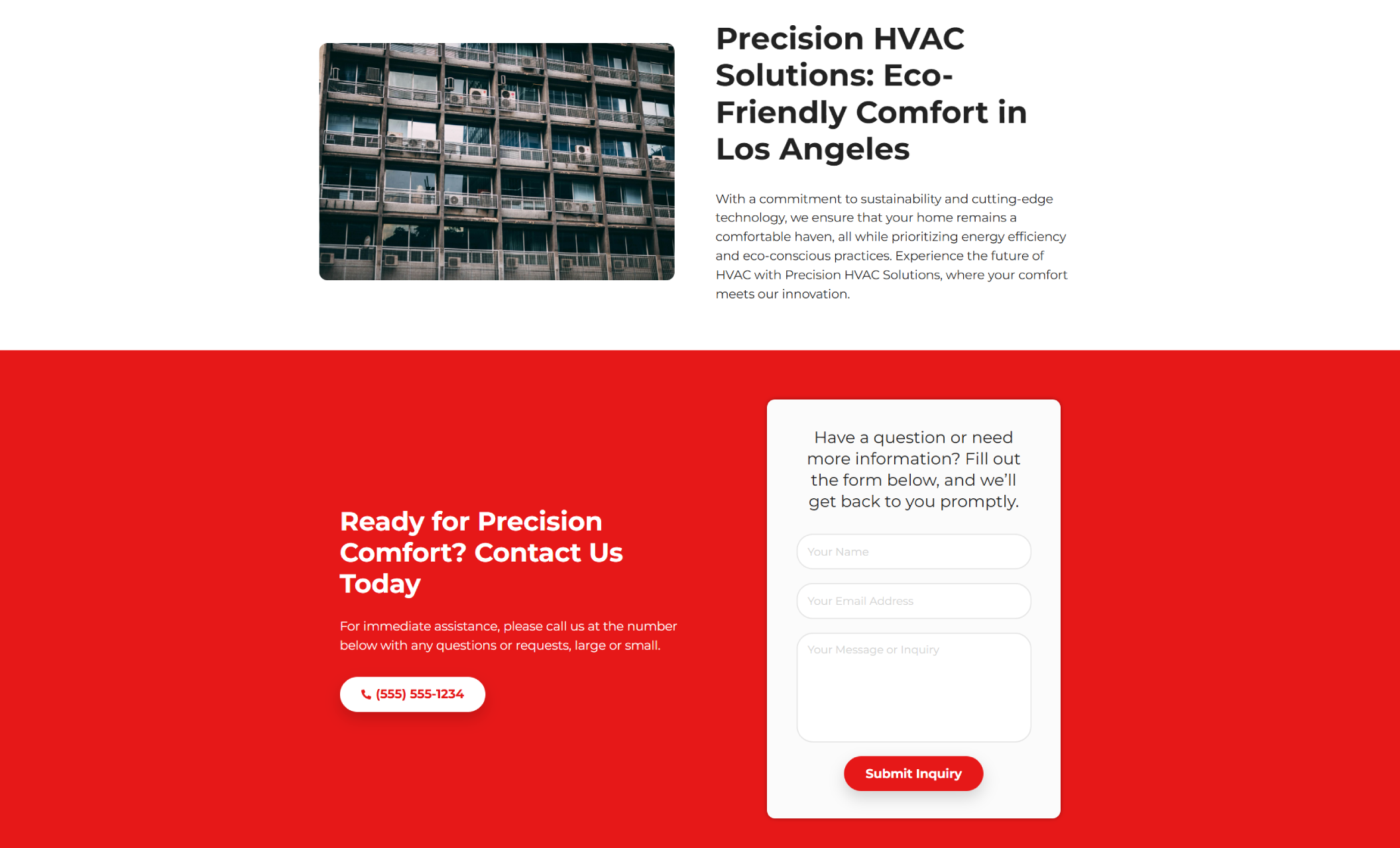 Precision HVAC Solutions contact section with a red background, headline “Ready for Precision Comfort? Contact Us Today,” a phone number in a white button, and a customer inquiry form for name, email, and message