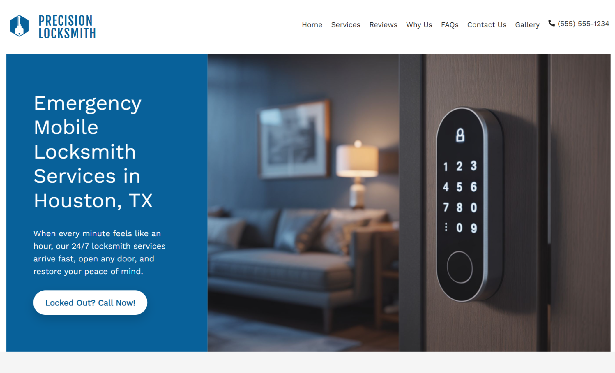 Precision Locksmith homepage with a close-up of a modern digital keypad lock next to the headline “Emergency Mobile Locksmith Services in Houston, TX” and a white button that says “Locked Out? Call Now.”