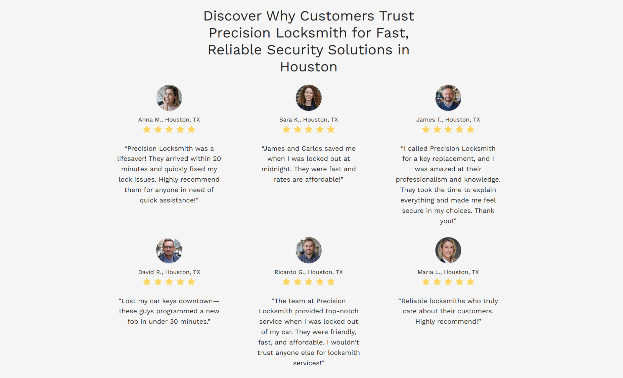 Precision Locksmith reviews section featuring six customer testimonials with photos, star ratings, and quotes highlighting fast response times and affordable locksmith services in Houston
