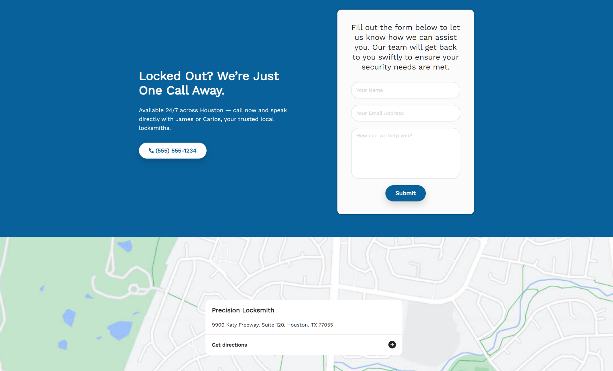Precision Locksmith contact section showing a blue split-screen with a contact form, phone number, and a map pinpointing the business address in Houston, TX