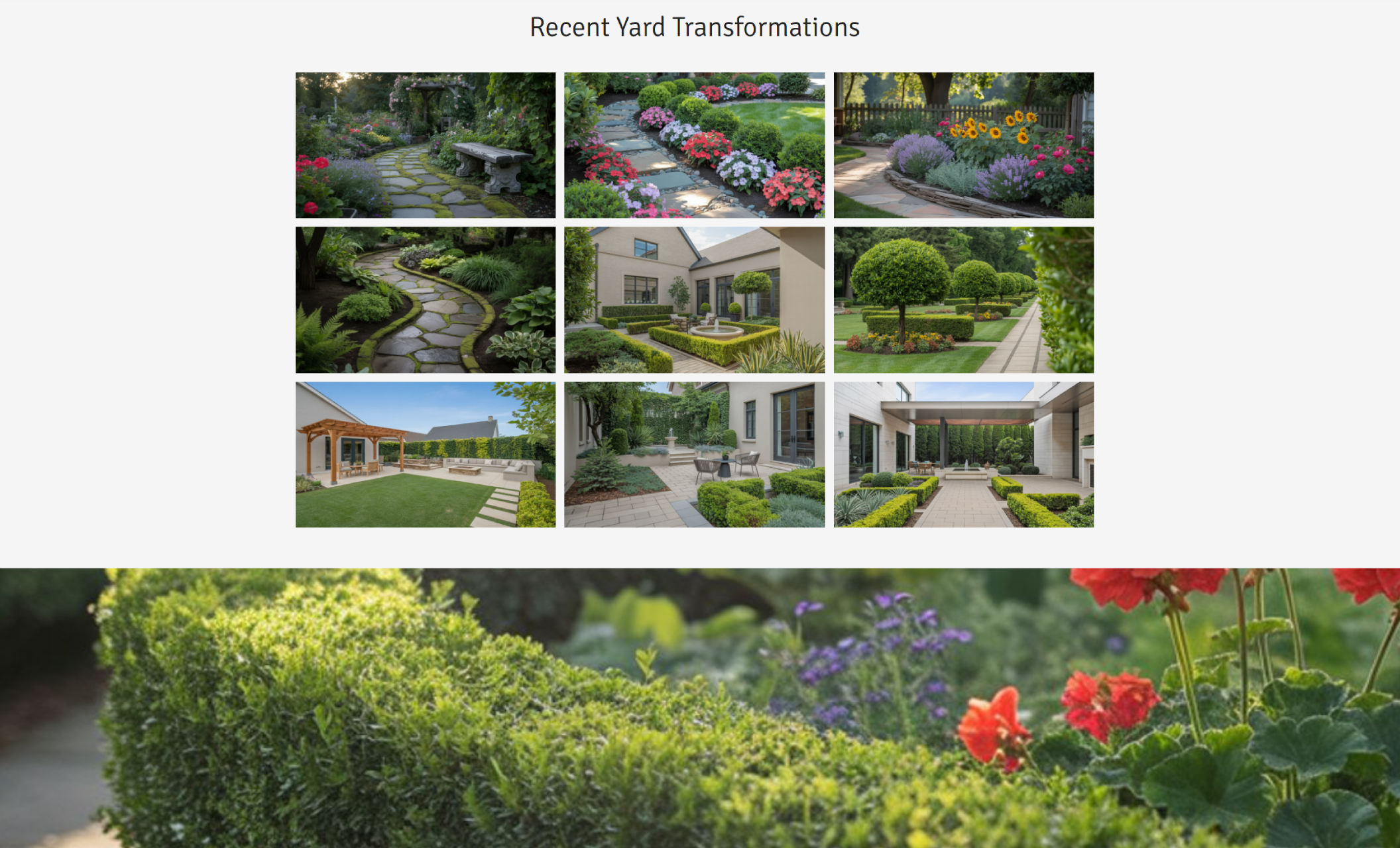 Precision Outdoor Design gallery section titled “Recent Yard Transformations,” showcasing a grid of landscaped pathways, manicured hedges, patios, pergolas, and lush garden designs arranged in a clean, three-column layout