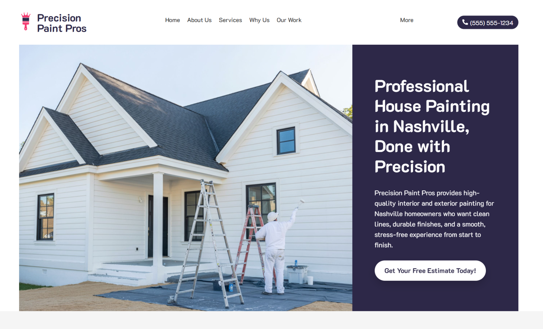 Precision Paint Pros homepage hero showing a white house exterior being painted beside the headline “Professional House Painting in Nashville, Done with Precision,” with a bold call-to-action button that says “Get Your Free Estimate Today!”