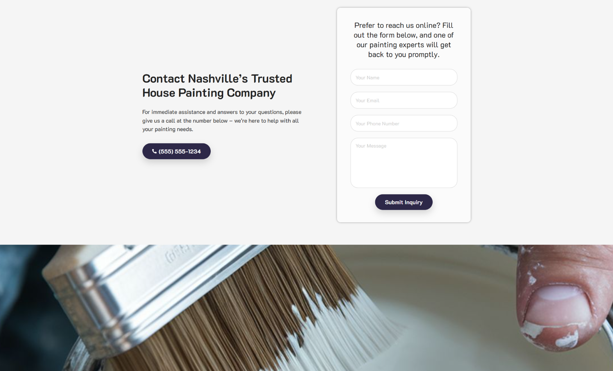 PrimeCoat Painting homepage hero with the headline “Reliable Baltimore House Painting That Makes Your Home Look New Again,” alongside a close-up image of a paint roller applying dark paint and a button reading “Request Your Free Estimate Today.”