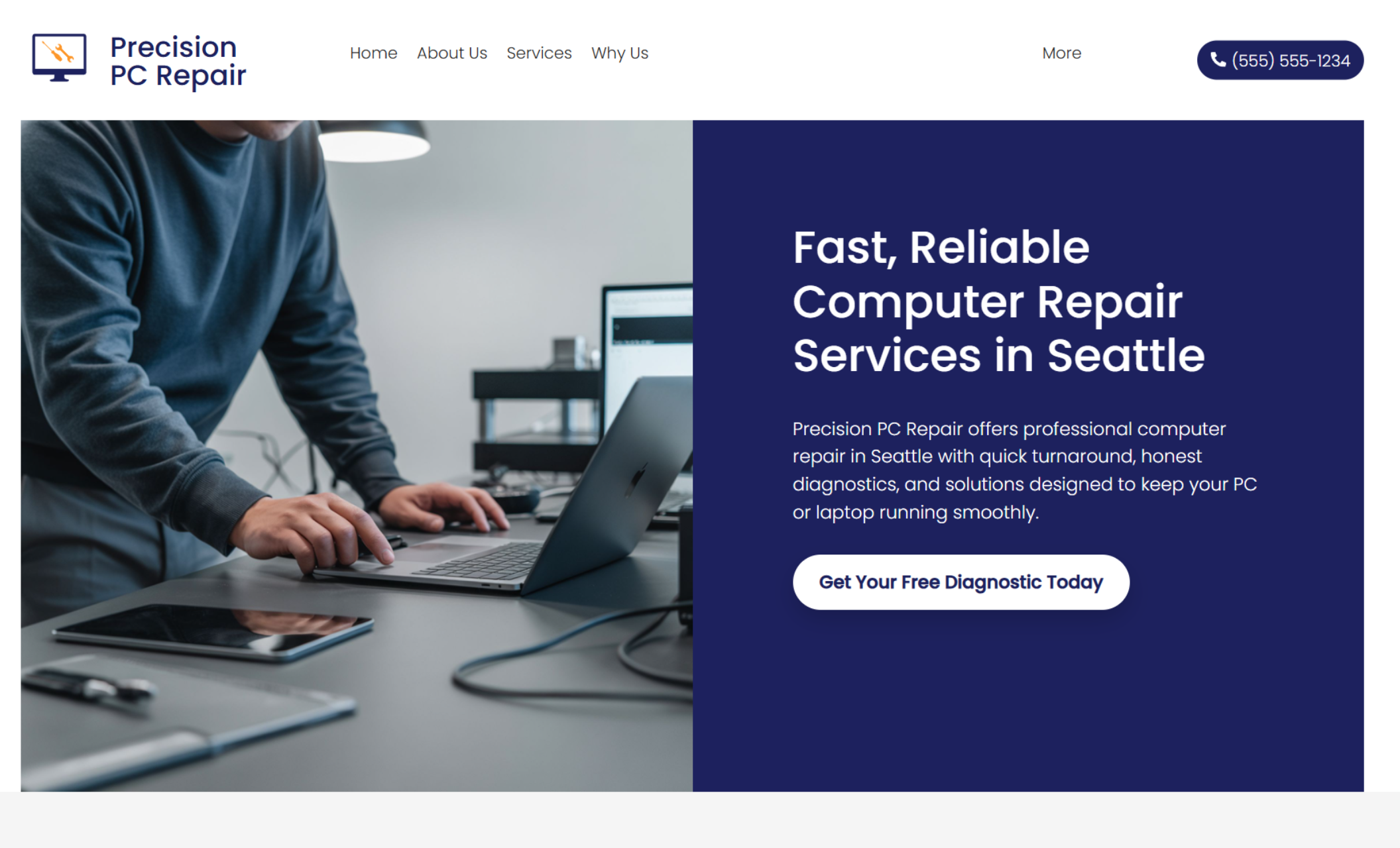Precision PC Repair homepage hero showing a technician working on a laptop beside the headline “Fast, Reliable Computer Repair Services in Seattle” and a white call-to-action button reading “Get Your Free Diagnostic Today.”