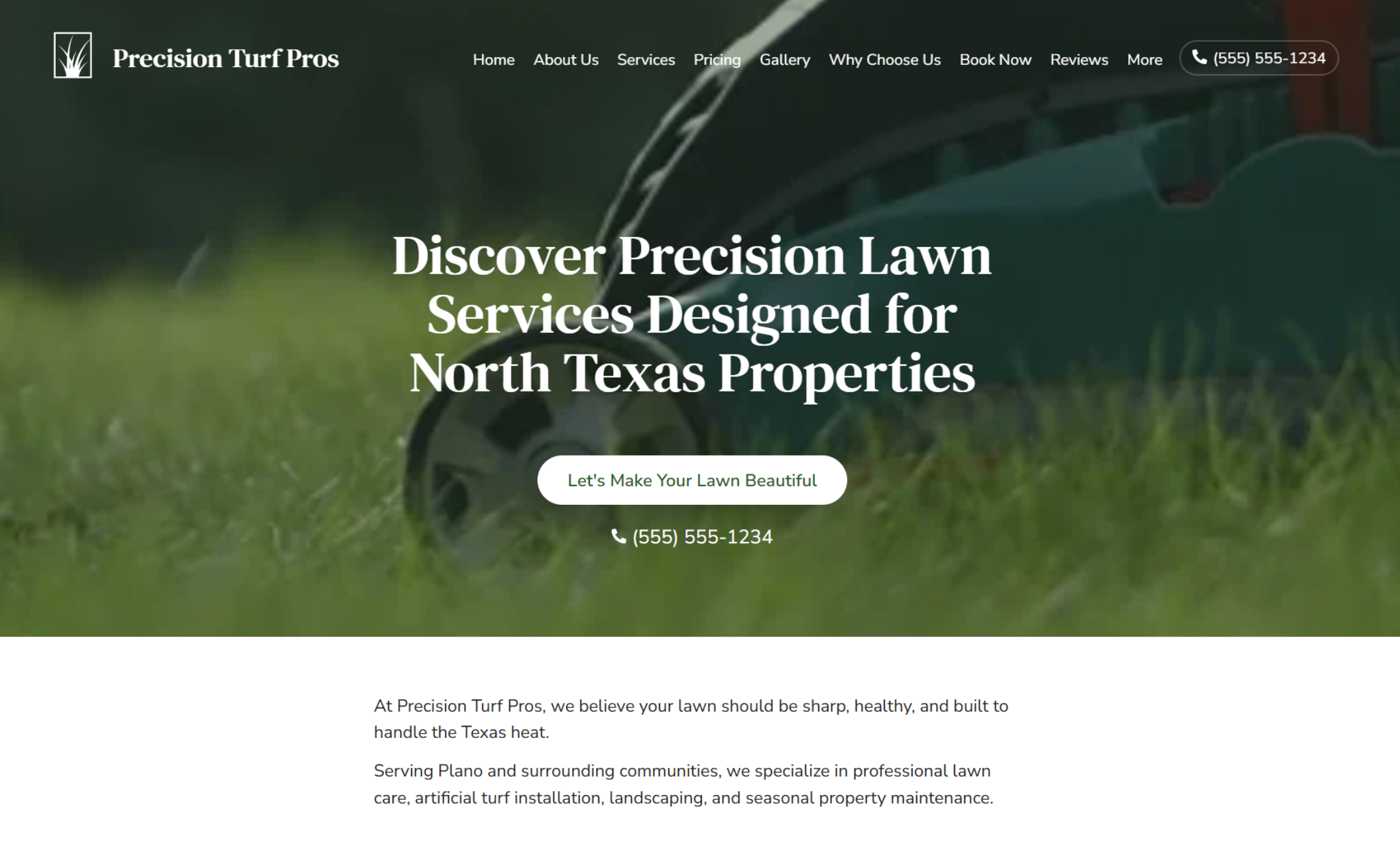 Precision Turf Pros homepage hero showing a close-up of a lawn mower cutting fresh grass beneath the headline “Discover Precision Lawn Services Designed for North Texas Properties” and a white button that says “Let’s Make Your Lawn Beautiful.”