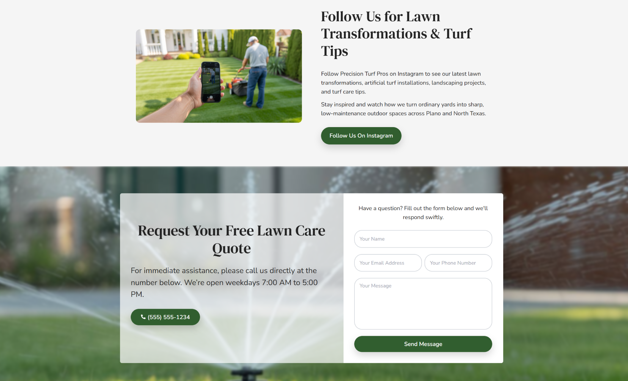Precision Turf Pros contact section featuring the headline “Request Your Free Lawn Care Quote,” a green call button with phone number, a contact form with name, email, phone, and message fields, and a blurred sprinkler watering a green lawn in the background
