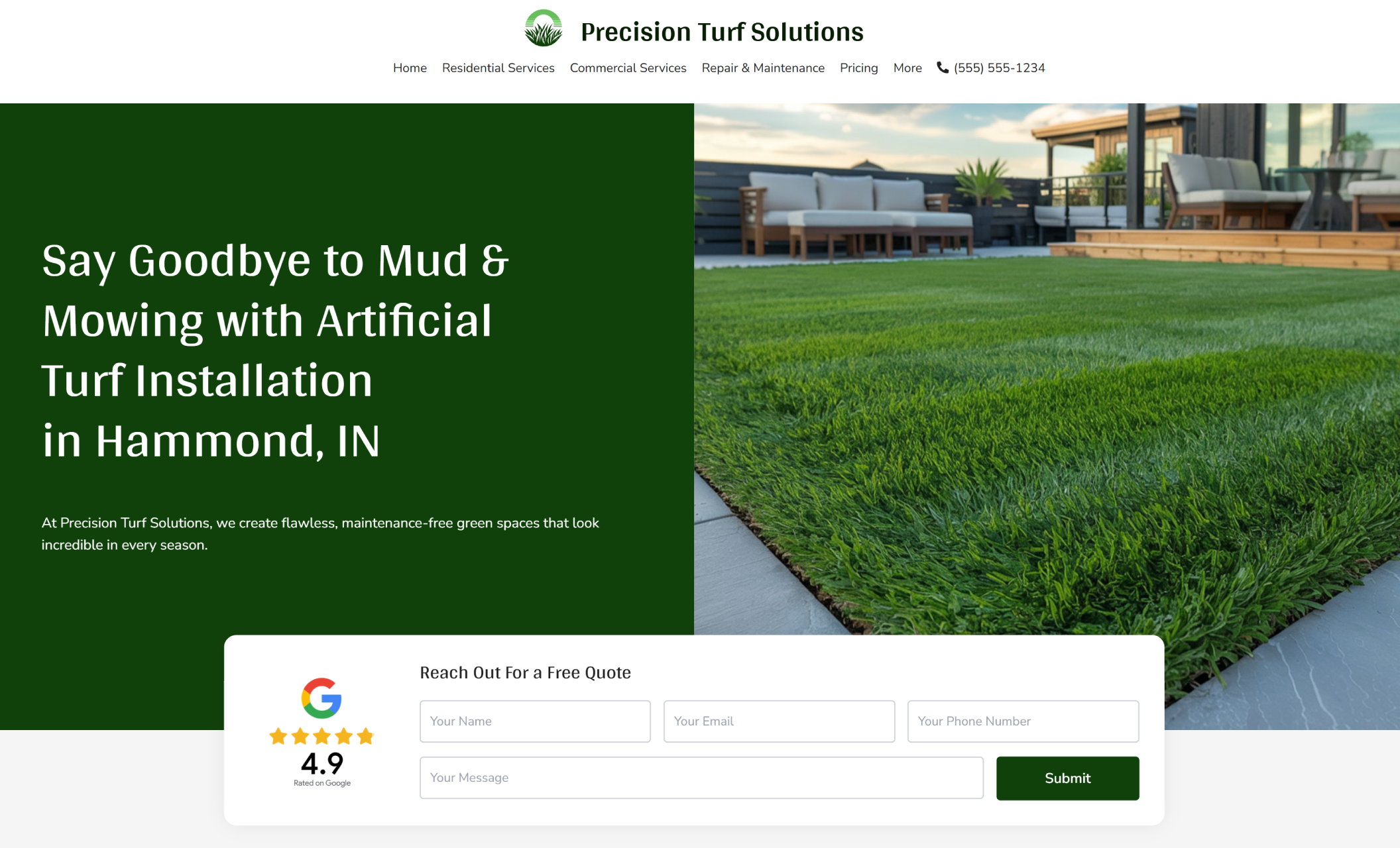 Precision Turf Solutions homepage featuring a bold green panel with the headline “Say Goodbye to Mud & Mowing in Hammond, IN,” alongside a turf image and quote request form