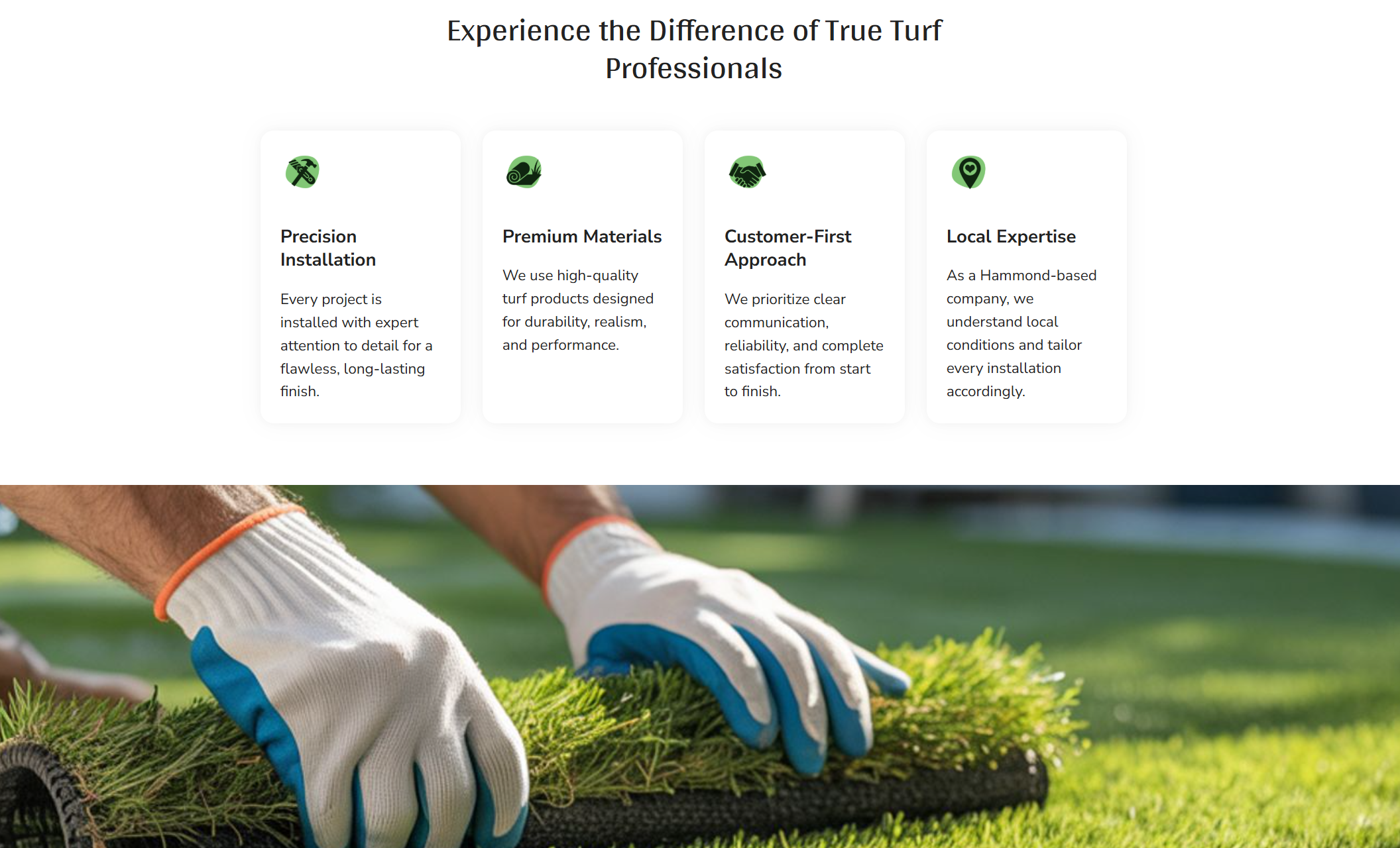 Precision Turf Solutions features section showcasing icons for precision installation, premium materials, customer-first approach, and local expertise above a close-up turf installation image