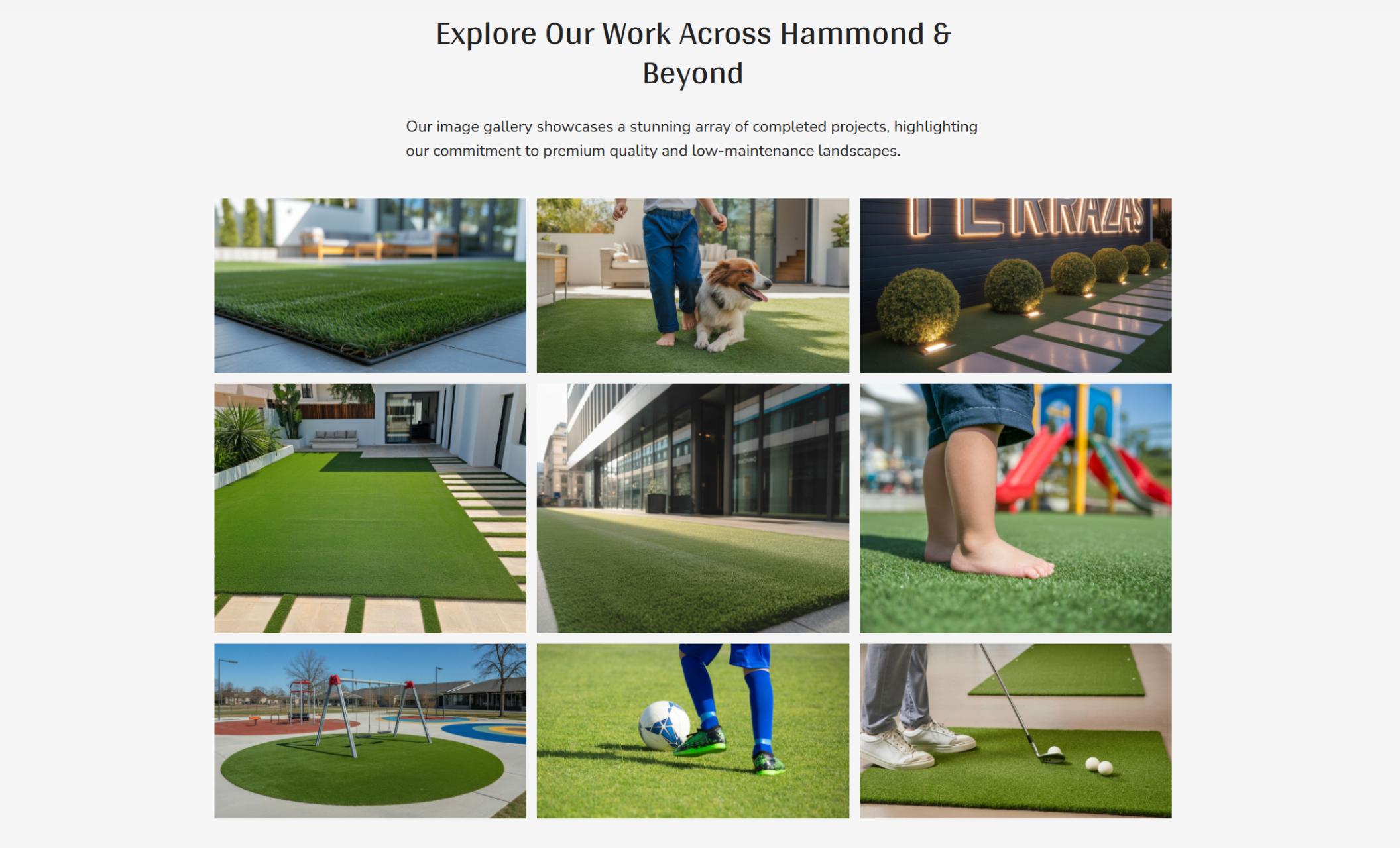 Precision Turf Solutions gallery section titled “Explore Our Work Across Hammond & Beyond,” displaying a grid of residential, commercial, and recreational artificial turf projects