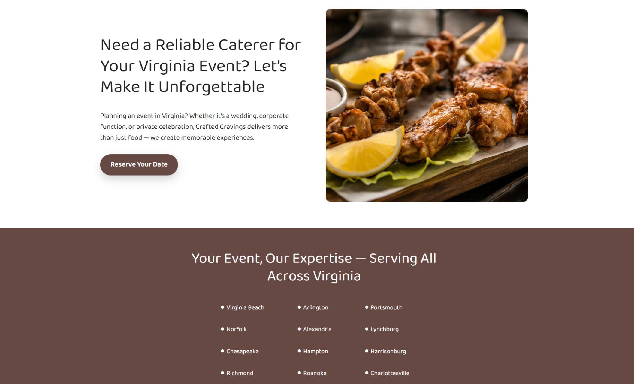 Team section of Premier Catering showing a clean, light background with a centered paragraph introducing the chef team and a photo of a smiling chef in a white jacket below the heading “Culinary Creators of Excellence — The Team Behind the Dishes”
