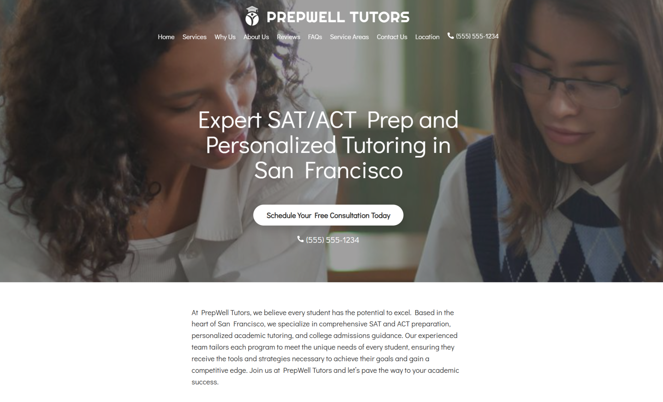 PrepWell Tutors homepage featuring two students studying together, with the headline “Expert SAT/ACT Prep and Personalized Tutoring in San Francisco” and a bold white button that says “Schedule Your Free Consultation Today.”