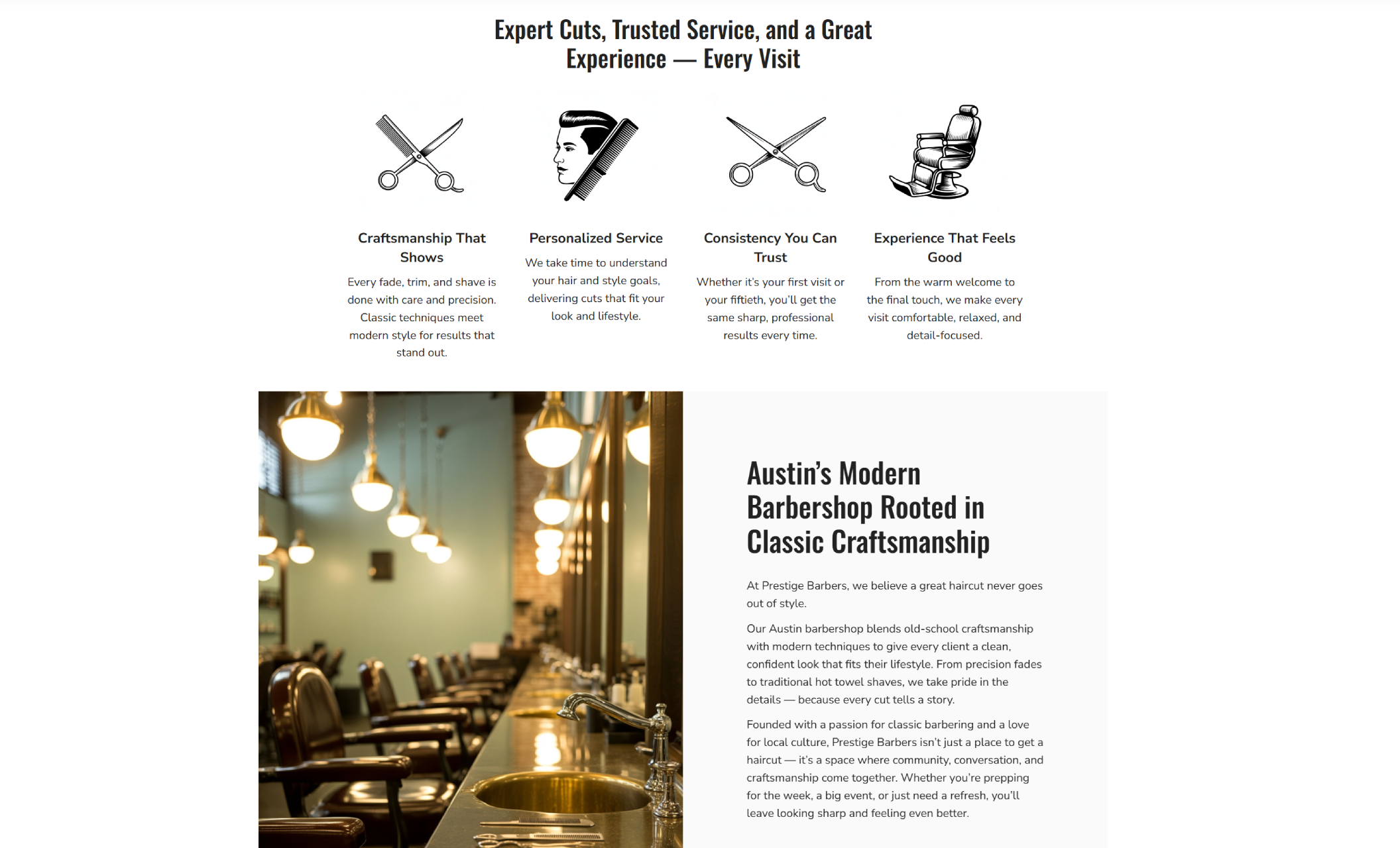 About section of Prestige Barbers showing a warmly lit barbershop interior with classic mirrors and hanging lights beside the heading “Austin’s Modern Barbershop Rooted in Classic Craftsmanship.”