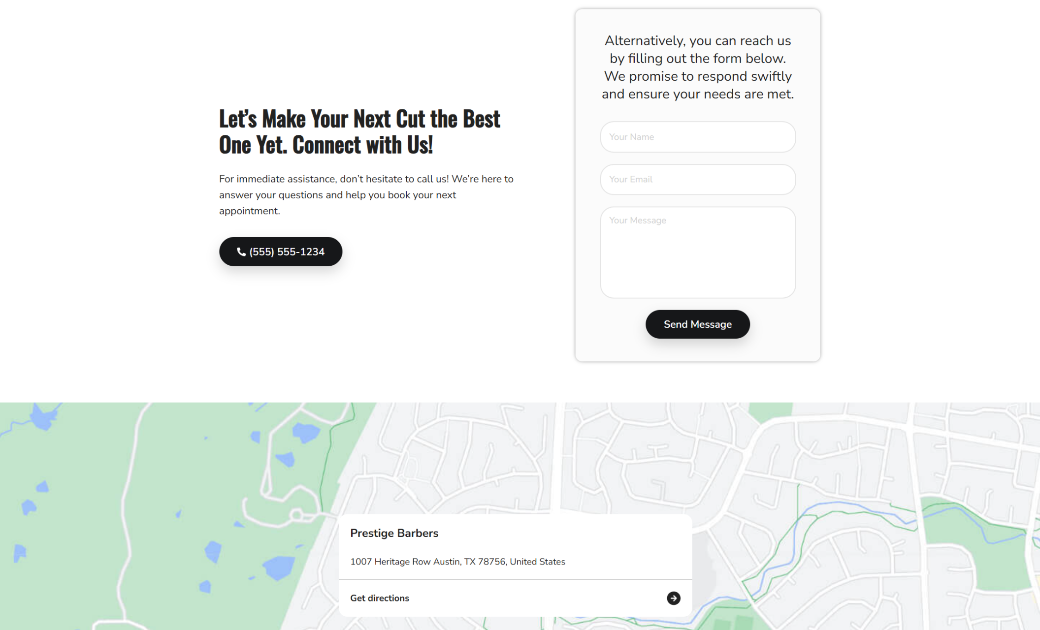 Contact section of Prestige Barbers featuring a black-and-white form with fields for name, email, and message beside the headline “Let’s Make Your Next Cut the Best One Yet. Connect with Us!” and a phone number displayed above a city map