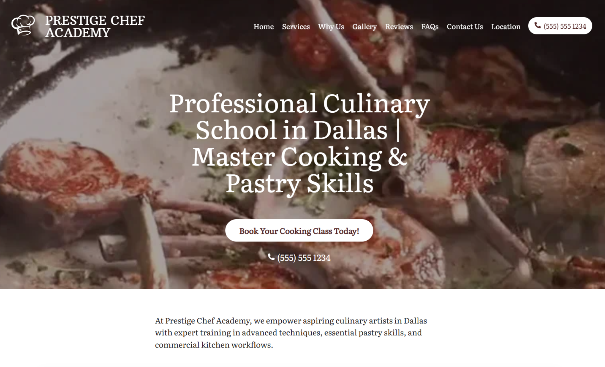 Prestige Chef Academy homepage hero with a sizzling pan background, headline “Professional Culinary School in Dallas | Master Cooking & Pastry Skills,” and a “Book Your Cooking Class Today!” button