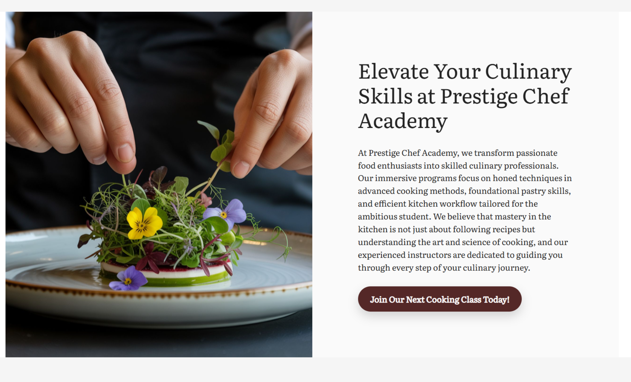 Prestige Chef Academy content section featuring a chef carefully plating a dish with edible flowers beside the headline “Elevate Your Culinary Skills at Prestige Chef Academy” and a call-to-action button