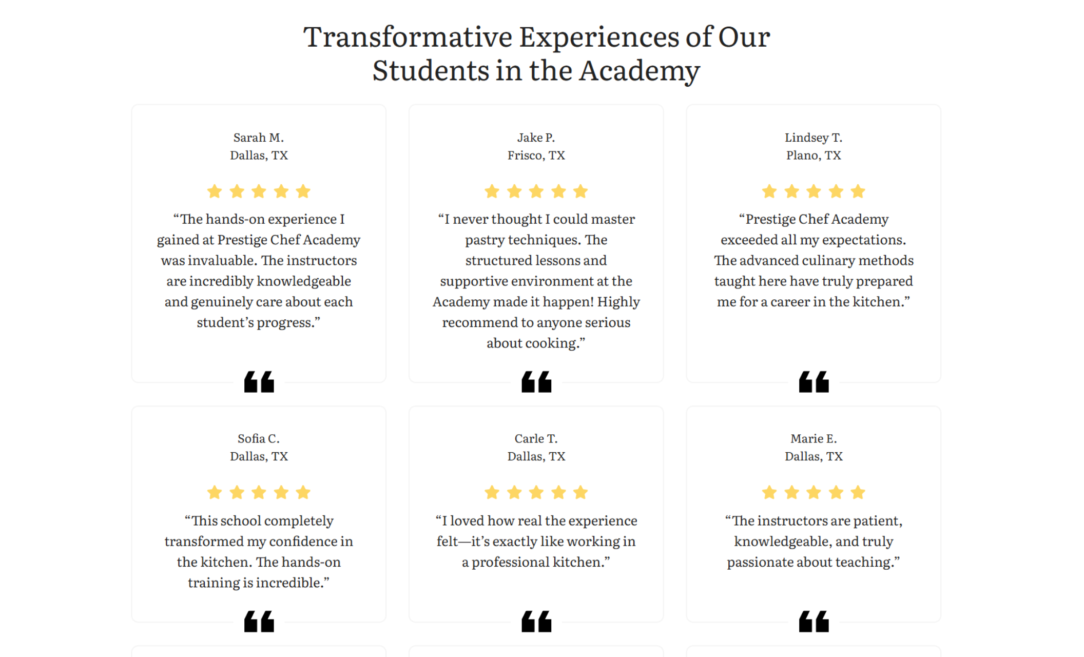 Prestige Chef Academy testimonials section titled “Transformative Experiences of Our Students in the Academy,” displaying student reviews with star ratings and names from Texas locations
