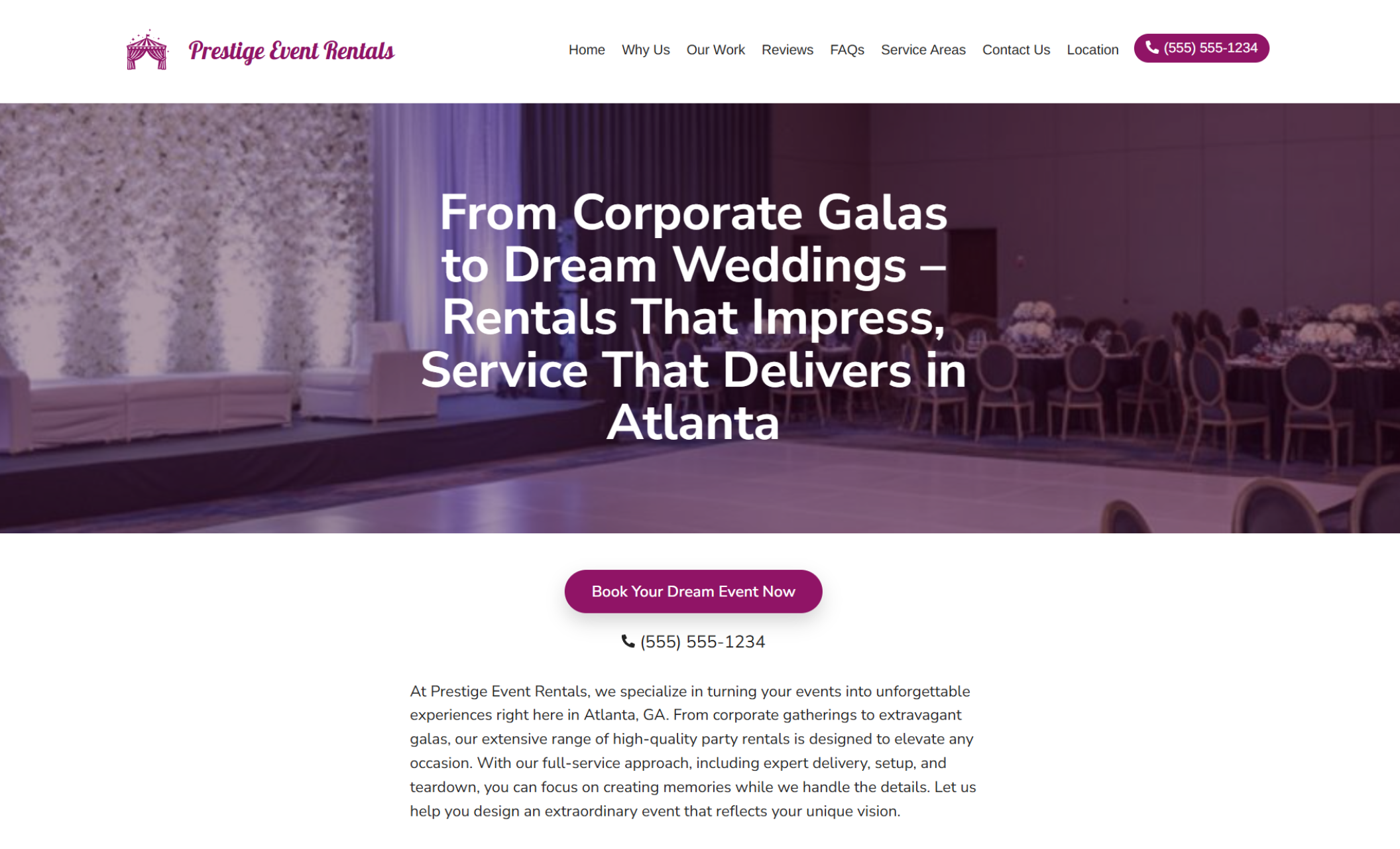 Prestige Event Rentals homepage featuring an elegant gala setup with white lounge furniture, floral wall backdrop, and banquet tables beside the headline “From Corporate Galas to Dream Weddings – Rentals That Impress, Service That Delivers in Atlanta.”