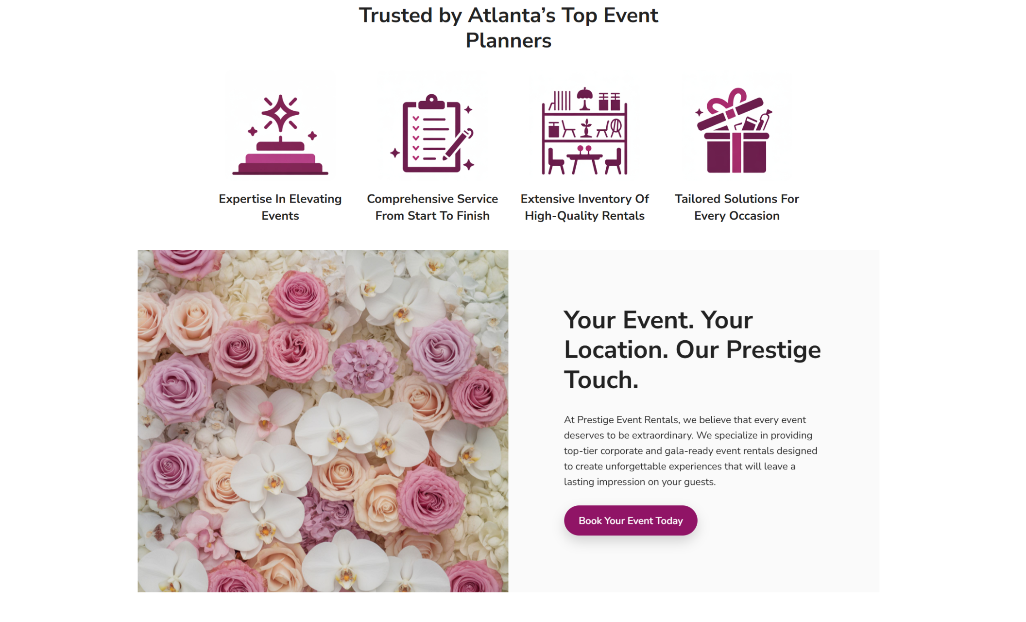 Prestige Event Rentals feature section with four purple icons highlighting expertise, full-service rentals, and tailored solutions, above a floral background of pink and white roses beside the text “Your Event. Your Location. Our Prestige Touch.”
