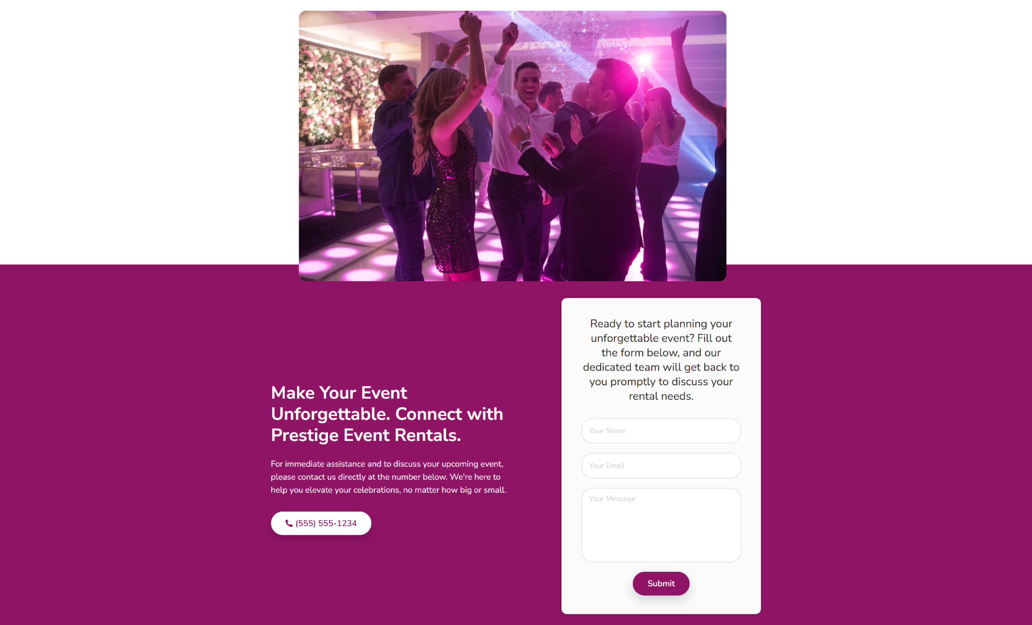 Prestige Event Rentals contact section with a vibrant image of guests dancing under pink lighting and a floral wall, paired with a bold purple section featuring a phone number and an inquiry form for rental bookings