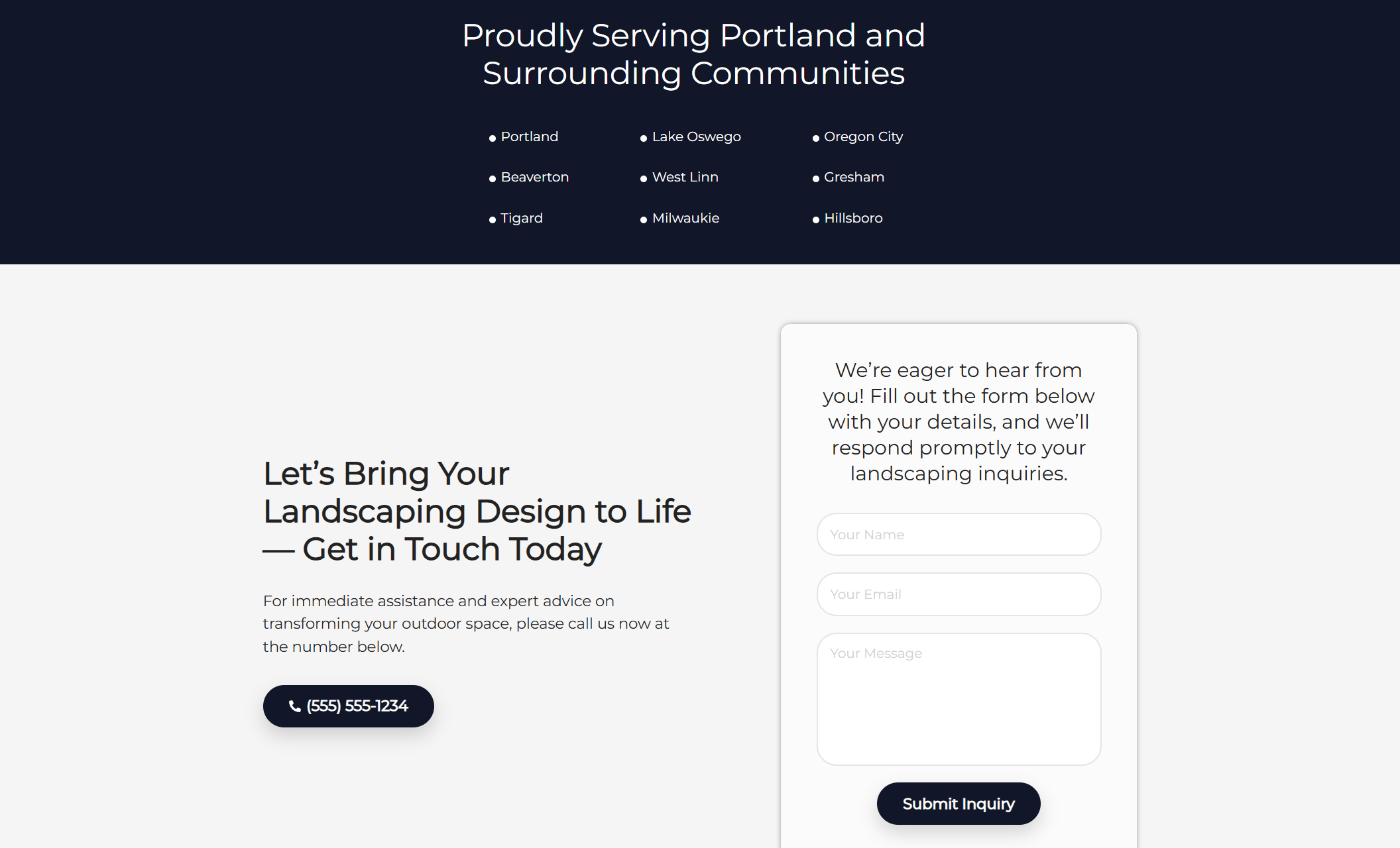 Prestige Landscaping Co. contact section with the headline “Let’s Bring Your Landscaping Design to Life — Get in Touch Today,” a form asking for name, email, and message, and a dark blue banner listing Portland and surrounding communities