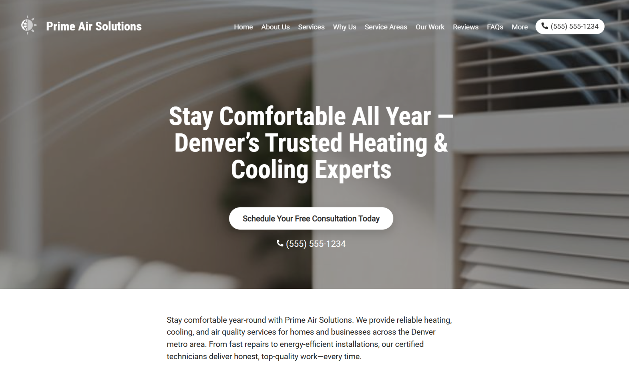 Prime Air Solutions homepage featuring a blurred close-up of a vent beside the headline “Stay Comfortable All Year – Denver’s Trusted Heating & Cooling Experts” and a white button that says “Schedule Your Free Consultation Today.”