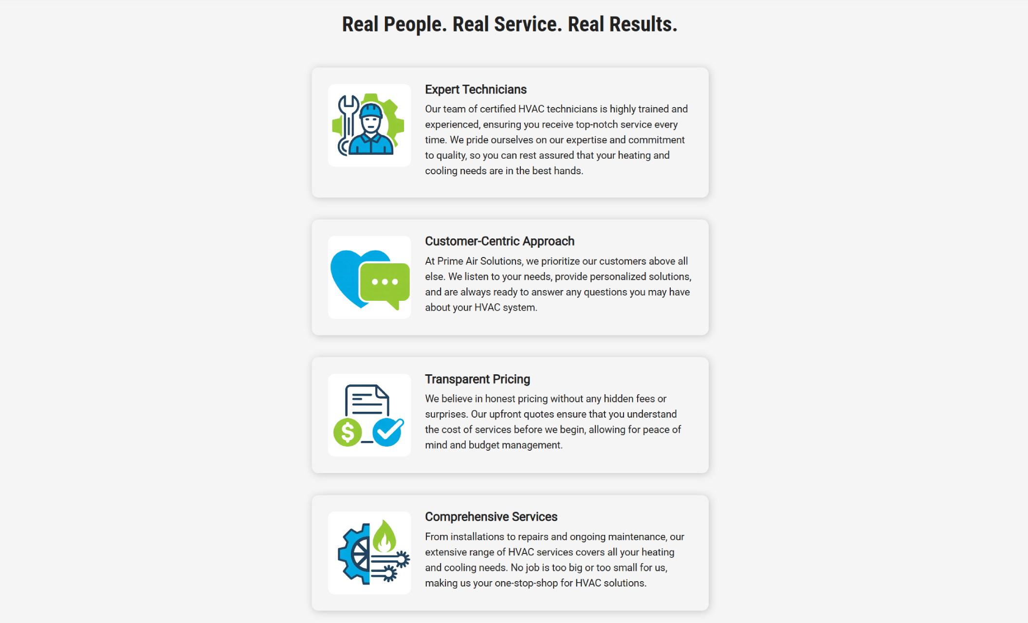 Prime Air Solutions about page featuring two smiling HVAC technicians standing in front of a service van beside the headline “Honest Work. Lasting Comfort. Local Experts You Can Trust.”