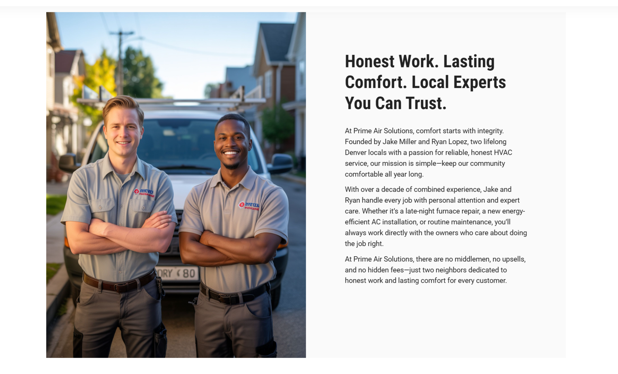 Prime Air Solutions webpage featuring four illustrated icon boxes labeled “Expert Technicians,” “Customer-Centric Approach,” “Transparent Pricing,” and “Comprehensive Services,” each with short descriptions explaining the company’s values