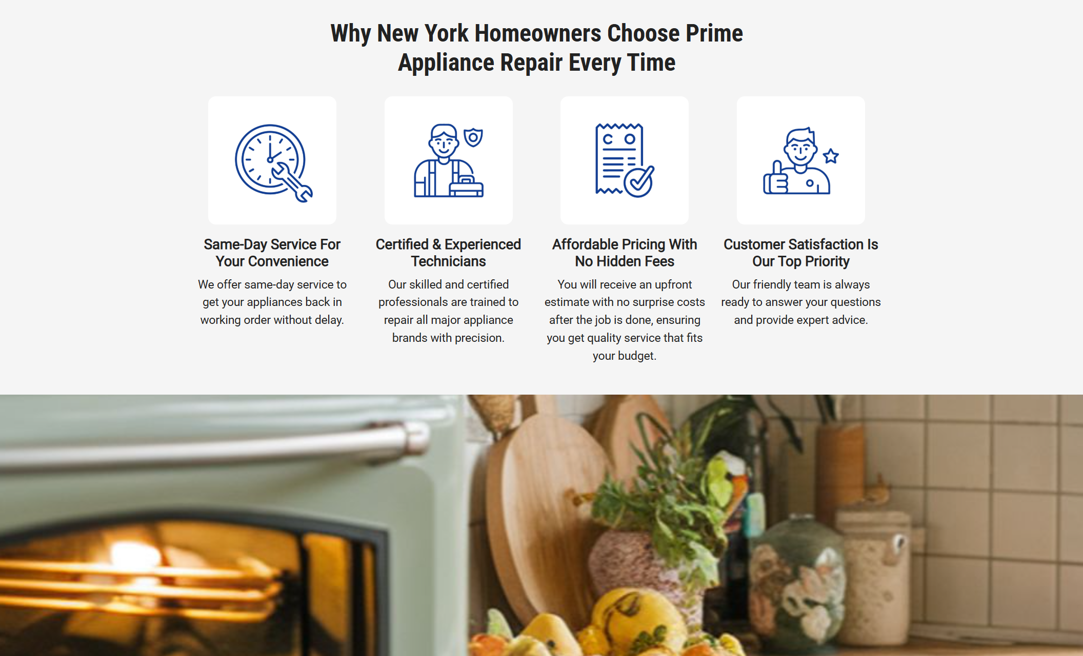 Prime Appliance Repair webpage section with four illustrated icons highlighting same-day service, certified technicians, affordable pricing, and customer satisfaction, set above a kitchen background image of fresh produce beside an oven