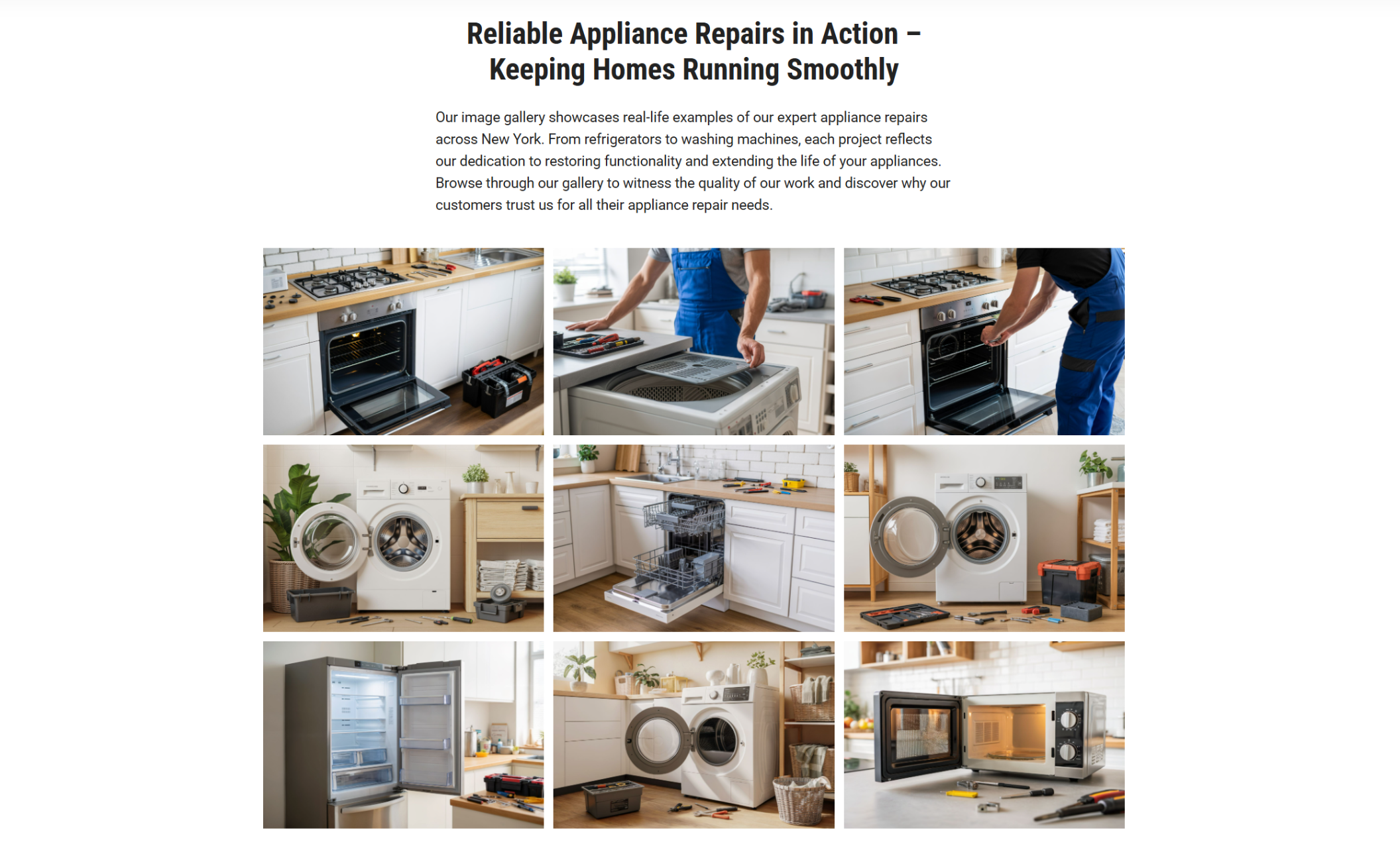 Prime Appliance Repair website gallery featuring nine photos of ovens, dishwashers, washing machines, refrigerators, and microwaves being serviced, with a headline reading “Reliable Appliance Repairs in Action – Keeping Homes Running Smoothly.”