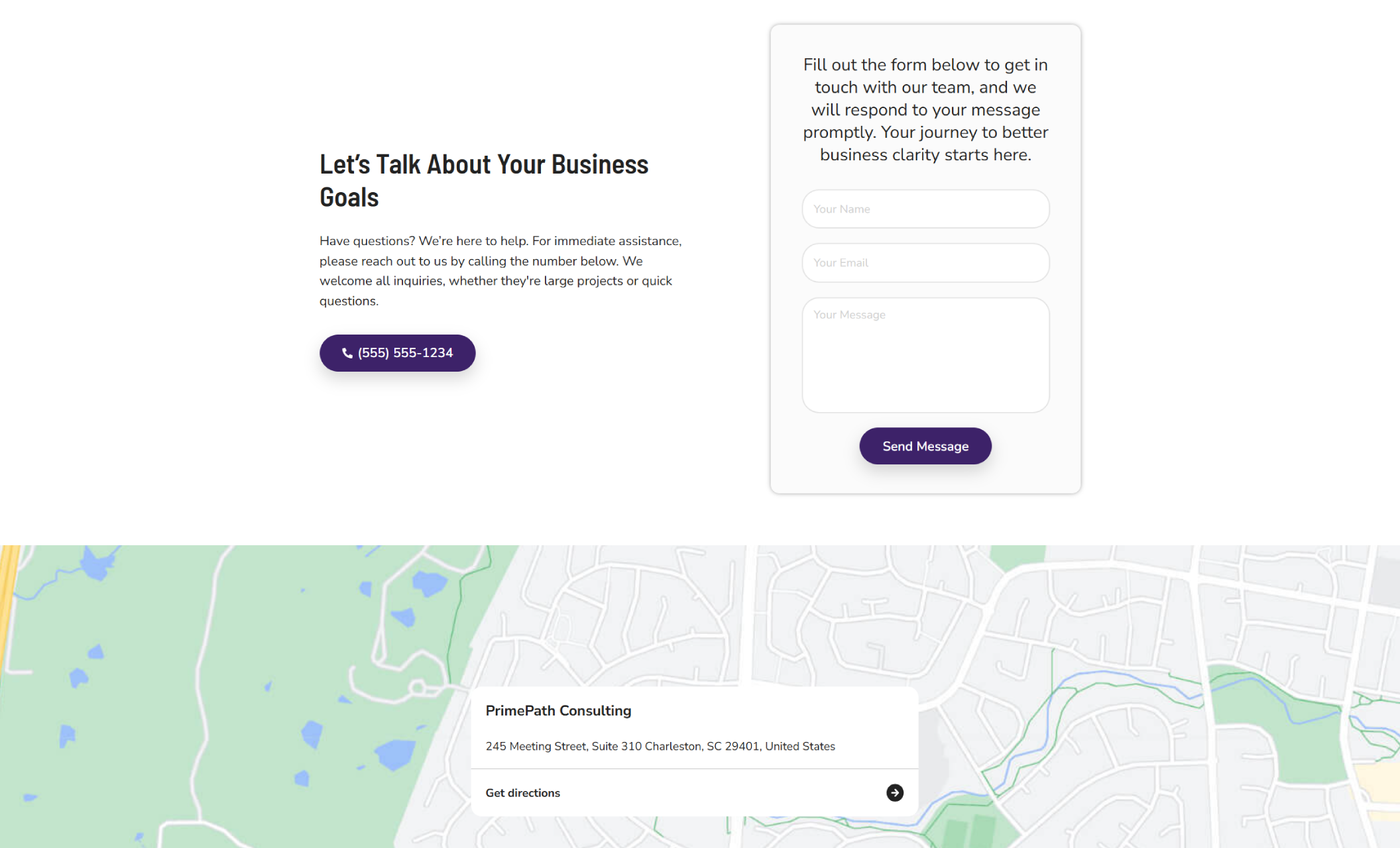 PrimePath Consulting contact section showing a call-to-action titled “Let’s Talk About Your Business Goals” alongside a contact form and a map pin pointing to the Charleston, South Carolina office location