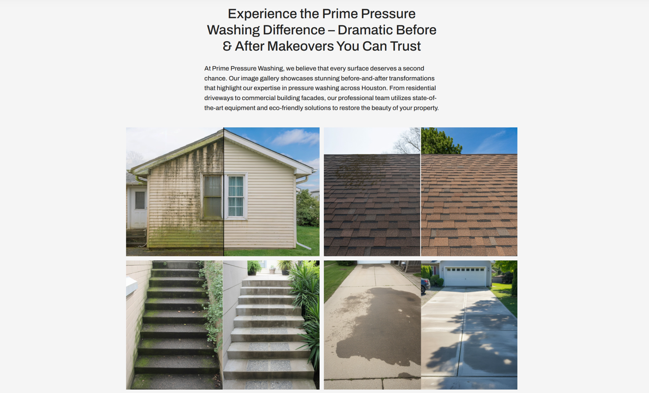 Prime Pressure Washing service section showing dramatic before-and-after images of a house exterior, roof, stairs, and driveway, alongside the headline “Experience the Prime Pressure Washing Difference – Dramatic Before & After Makeovers You Can Trust.”