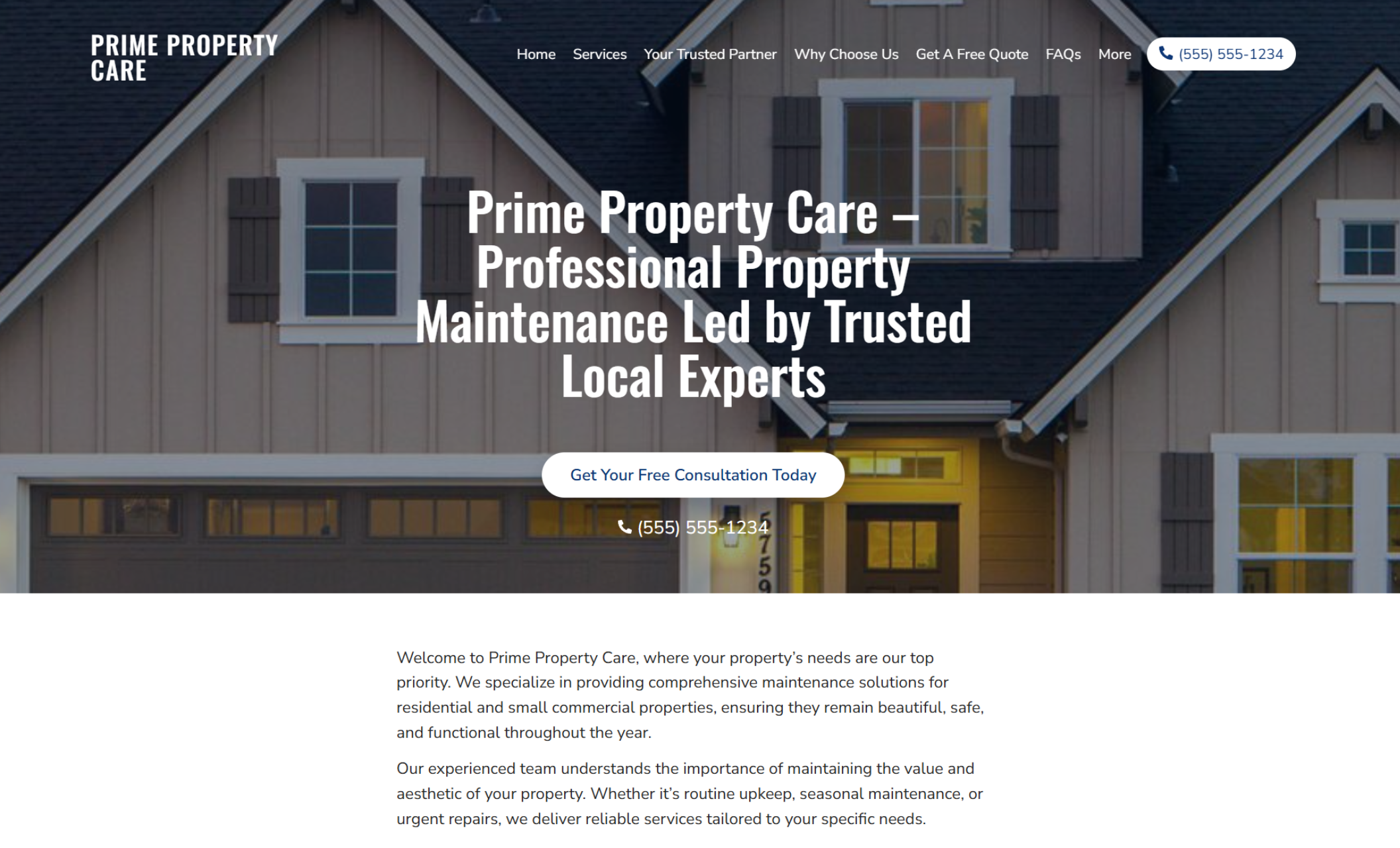 Prime Property Care homepage featuring a beige house with bold white text that reads “Professional Property Maintenance Led by Trusted Local Experts,” a call-to-action button offering a free consultation, and a clearly displayed phone number