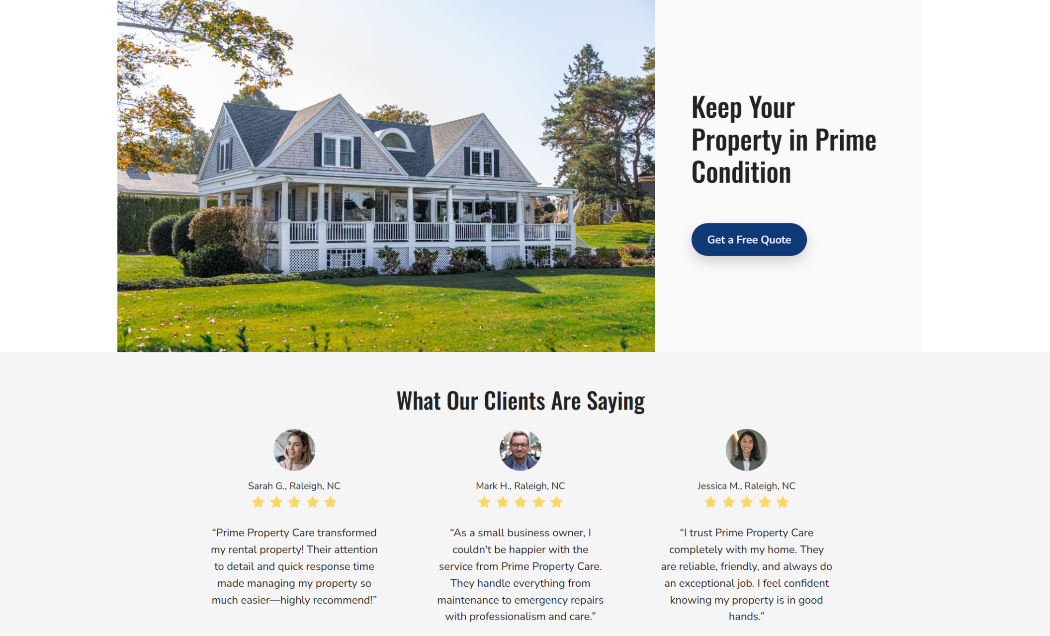 Prime Property Care testimonial section showing a wide, sunny lawn with a large home in the background, alongside a right-aligned quote that says “Keep Your Property in Prime Condition” and a navy button labeled “Get a Free Quote.”