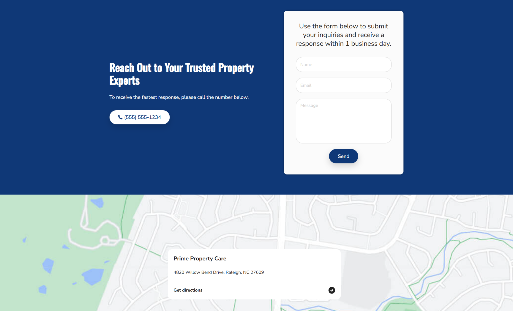 Prime Property Care contact section with a dark blue background, featuring a call-to-action that says “Reach Out to Your Trusted Property Experts,” a contact form, and a phone number, followed by a location map for Raleigh, NC